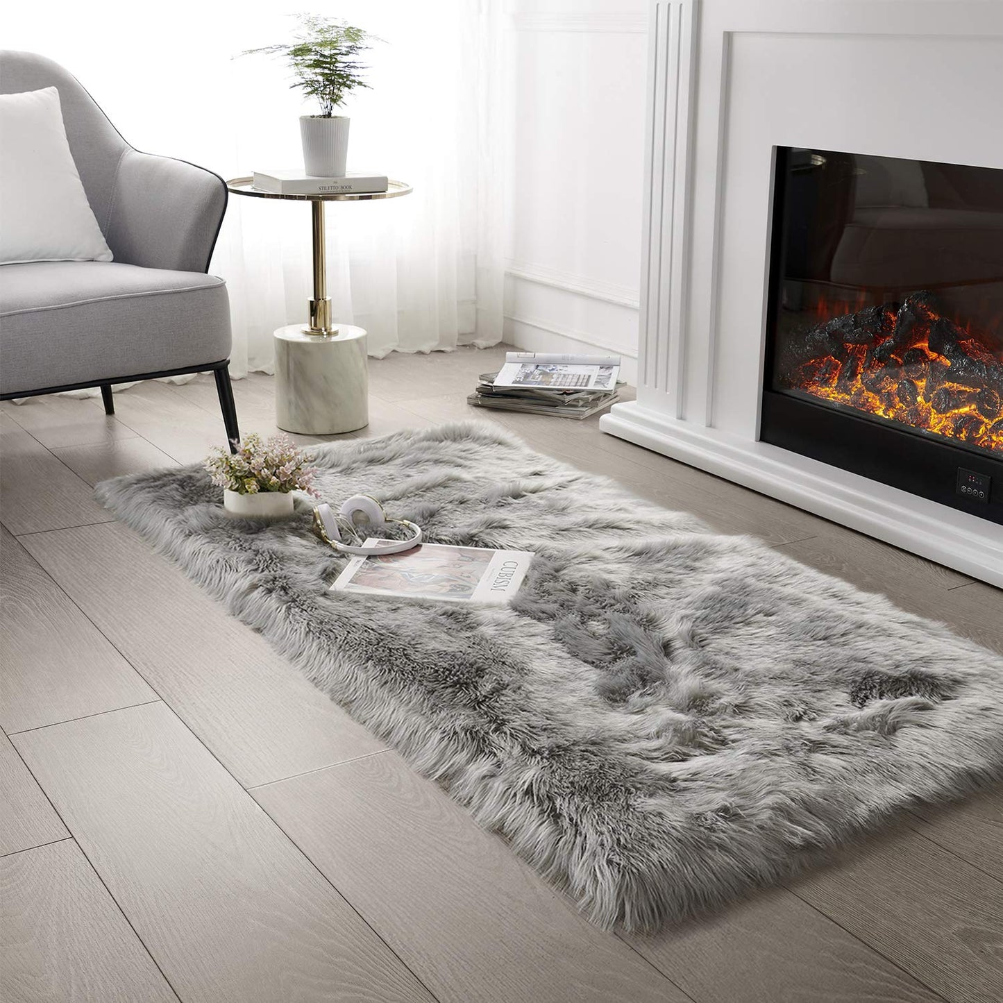 SERISSA Soft Fluffy Rug Grey Faux Sheepskin Fur Rug Shaggy Area Rug for Bedroom Floor Living Room 3x5 Feet