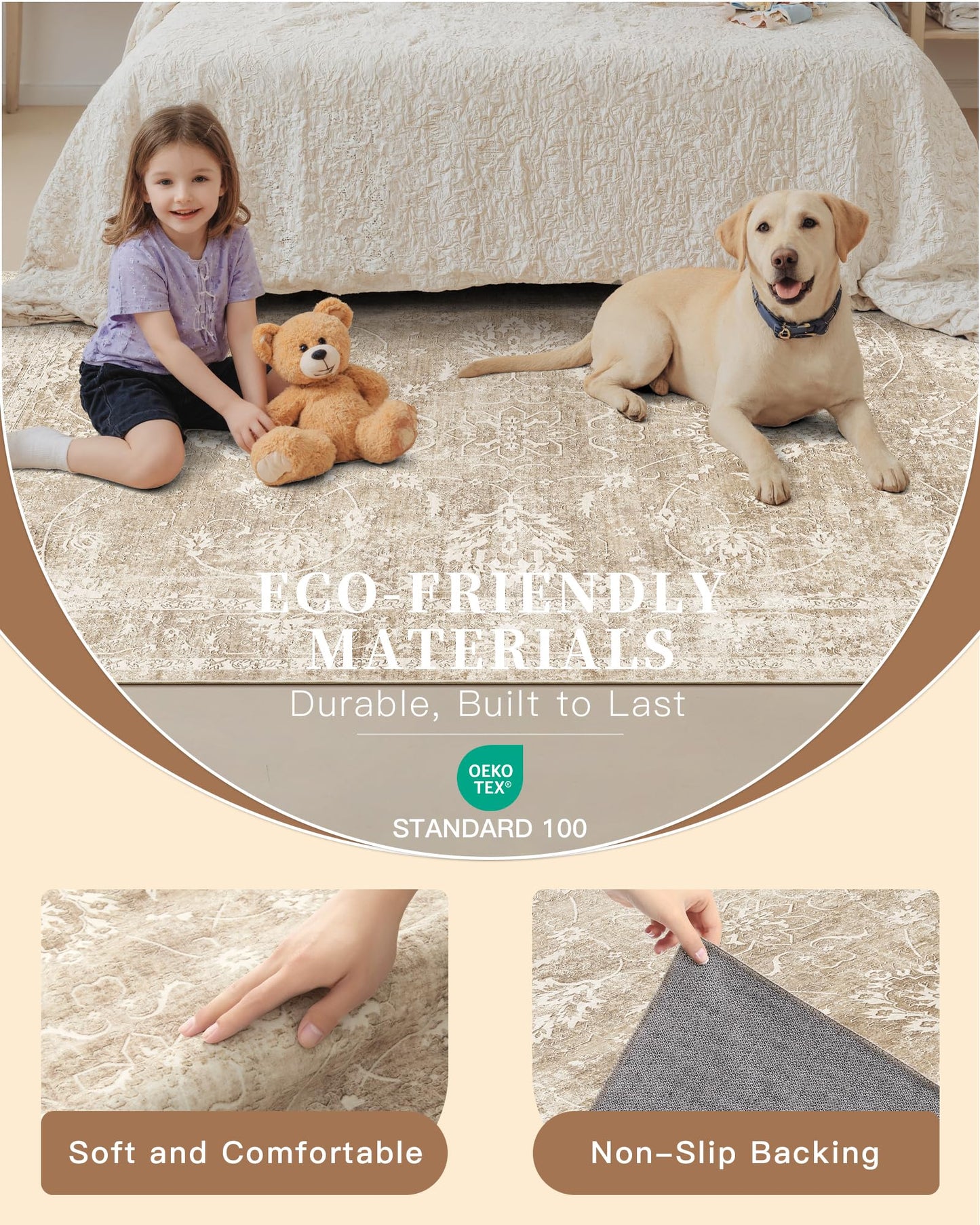 Madane Washable Runner Rug 2x6, Kitchen Hallway Runner Rug with Non-Slip Rubber Backing, Vintage Soft Low Pile Carpet Runner for Entryway Laundry Bathroom Bedroom Living Room (2 x 6, Beige/Brown)