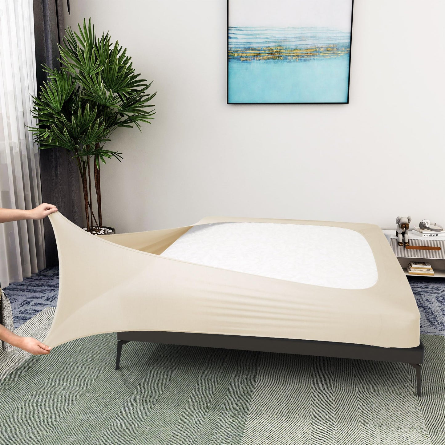Box Spring Cover King/Cal King Size - Jersey Knit & Stretchy Wrap Around 4 Sides Bed Skirt for Hotel & Home, Beige