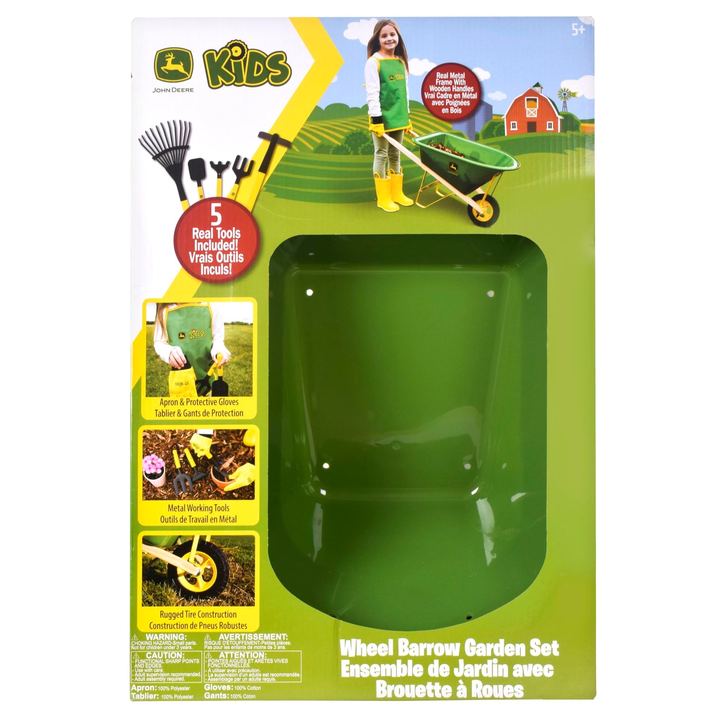 John Deere Deluxe 34" Wheelbarrow and Garden Set Includes 5 Realistic Gardening Tools,Gardening Apron, Gardening Gloves, Large Metal Wheelbarrow with Wooden Handles, Outdoor Toy Ages 5+