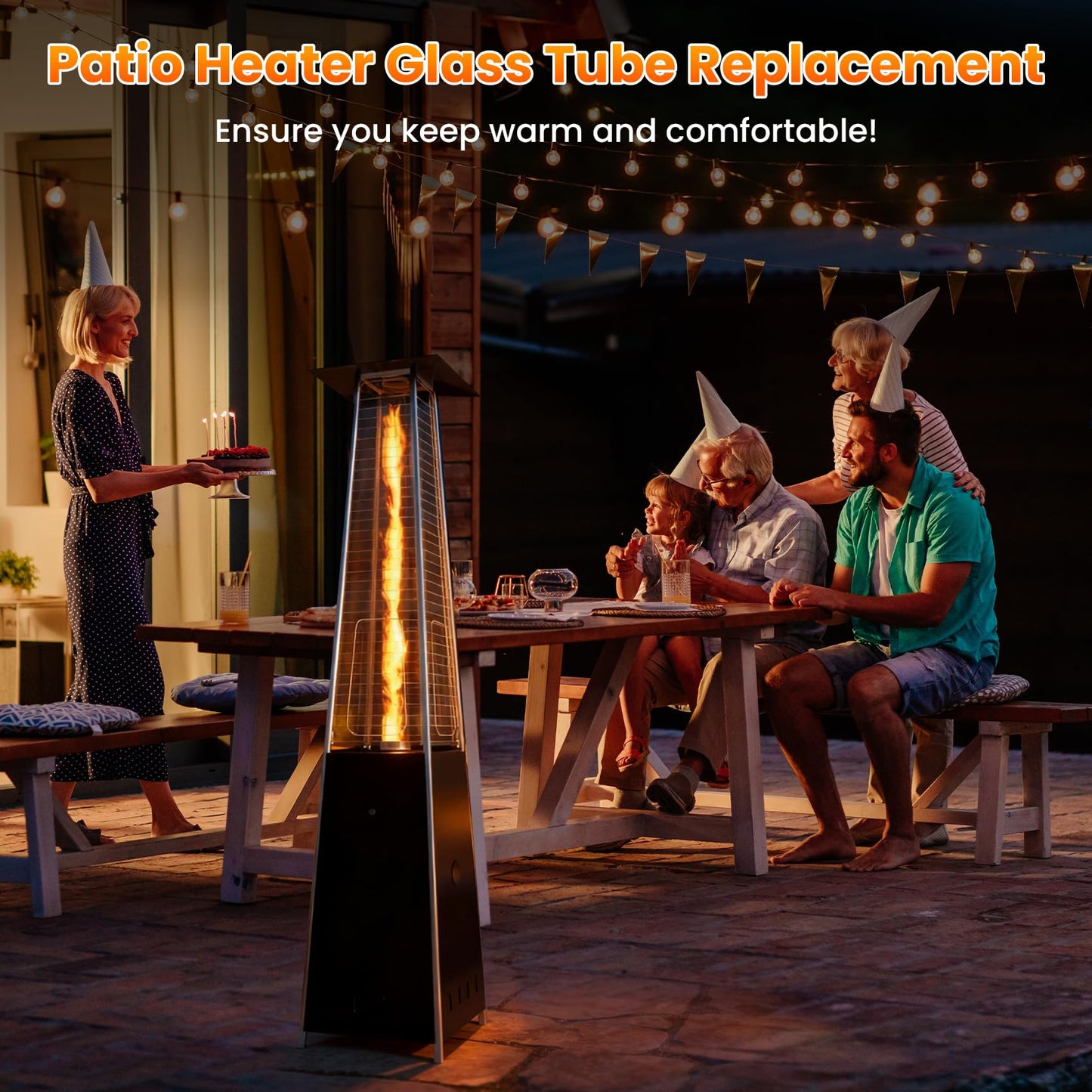 Patio Heater Glass Tube Replacement, 49.5 x 4" Patio Heater Replacement Parts with Ring, Outdoor Heater Replacement Parts for 4-Sided Pyramid Heater, Glass Tube Patio Heater for Hiland, fire sense