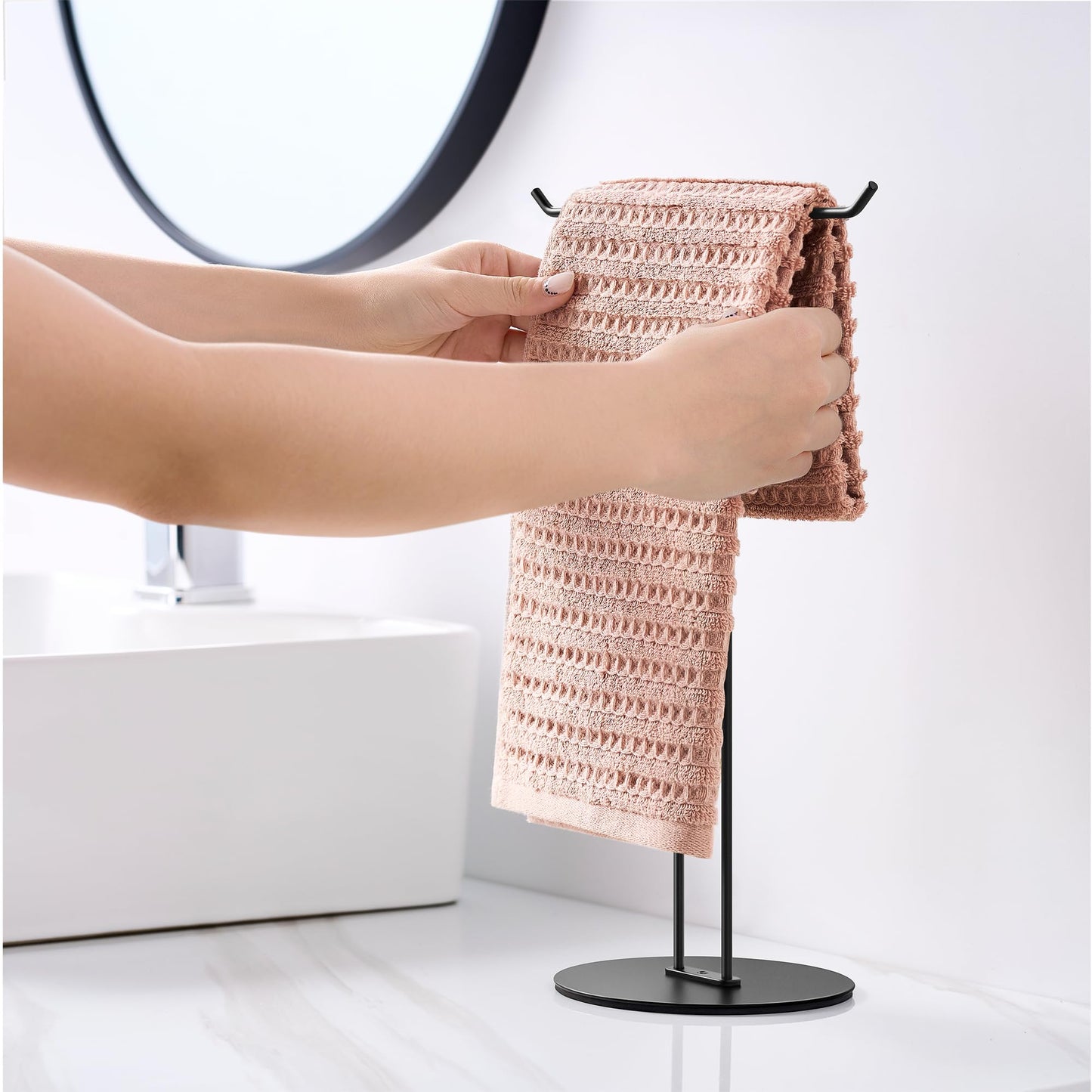 T-Shaped Hand Towel Holder Stand – Countertop Stainless Steel Towel Rack with Non-Slip Base for Bathroom, Kitchen, Vanity, Matte Black