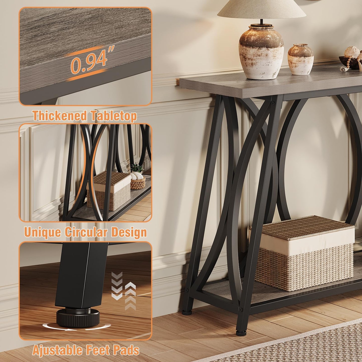 GiftGo 47.24 Inch Entryway Console Table, Industrial Sofa Table Behind Couch with Shelves, 2 Tier Wood Accent Table with Metal Frame for Living Room, Entrance, Hallway, Foyer, Vintage Gray