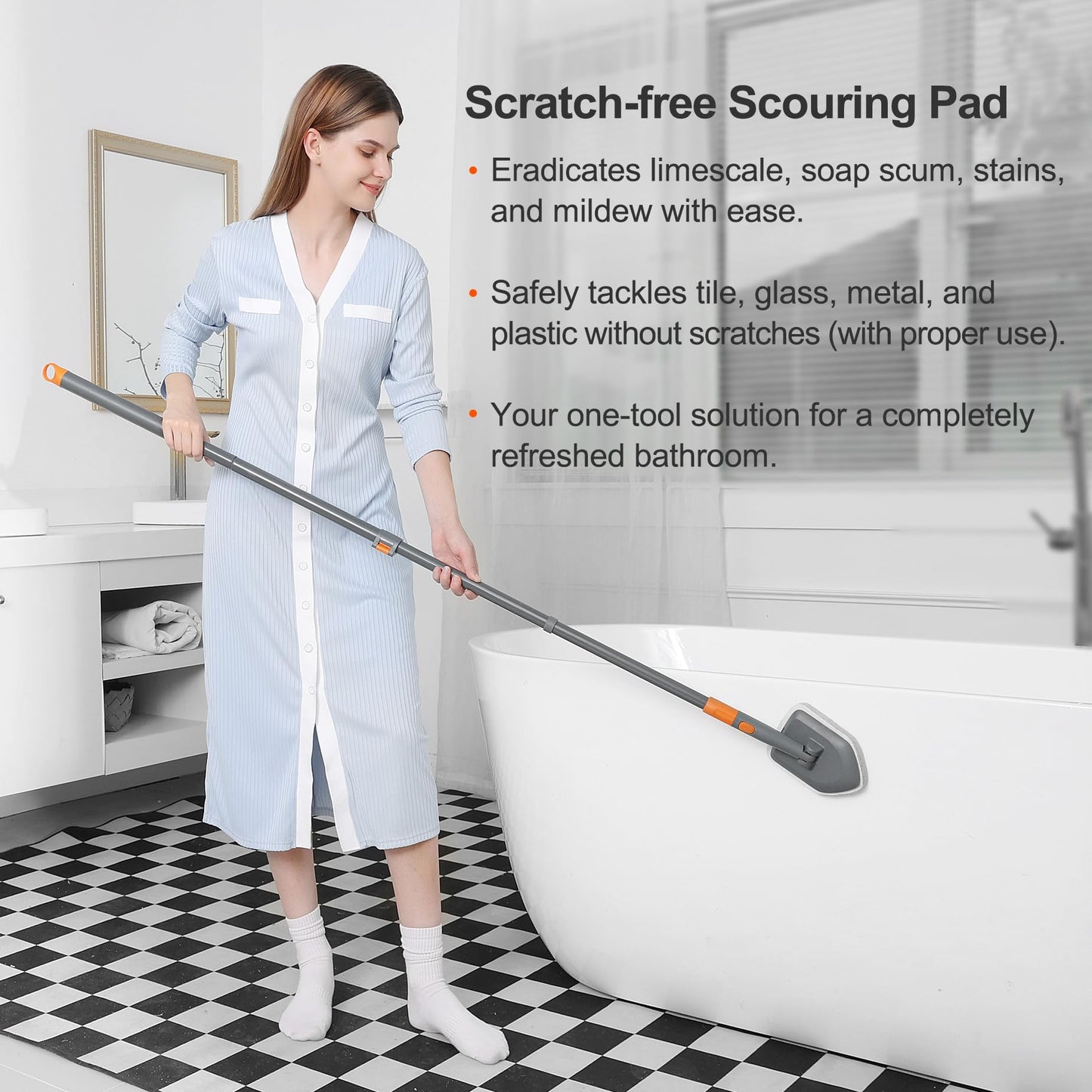 CLEANHOME Tile Tub Scrubber Brush with 3 Different Function Cleaning Heads and 56" Extendable Long Handle-No Scratch Shower Scrubber for Cleaning Bathroom Kitchen Toilet Wall,Bathtub,Sink,Grey