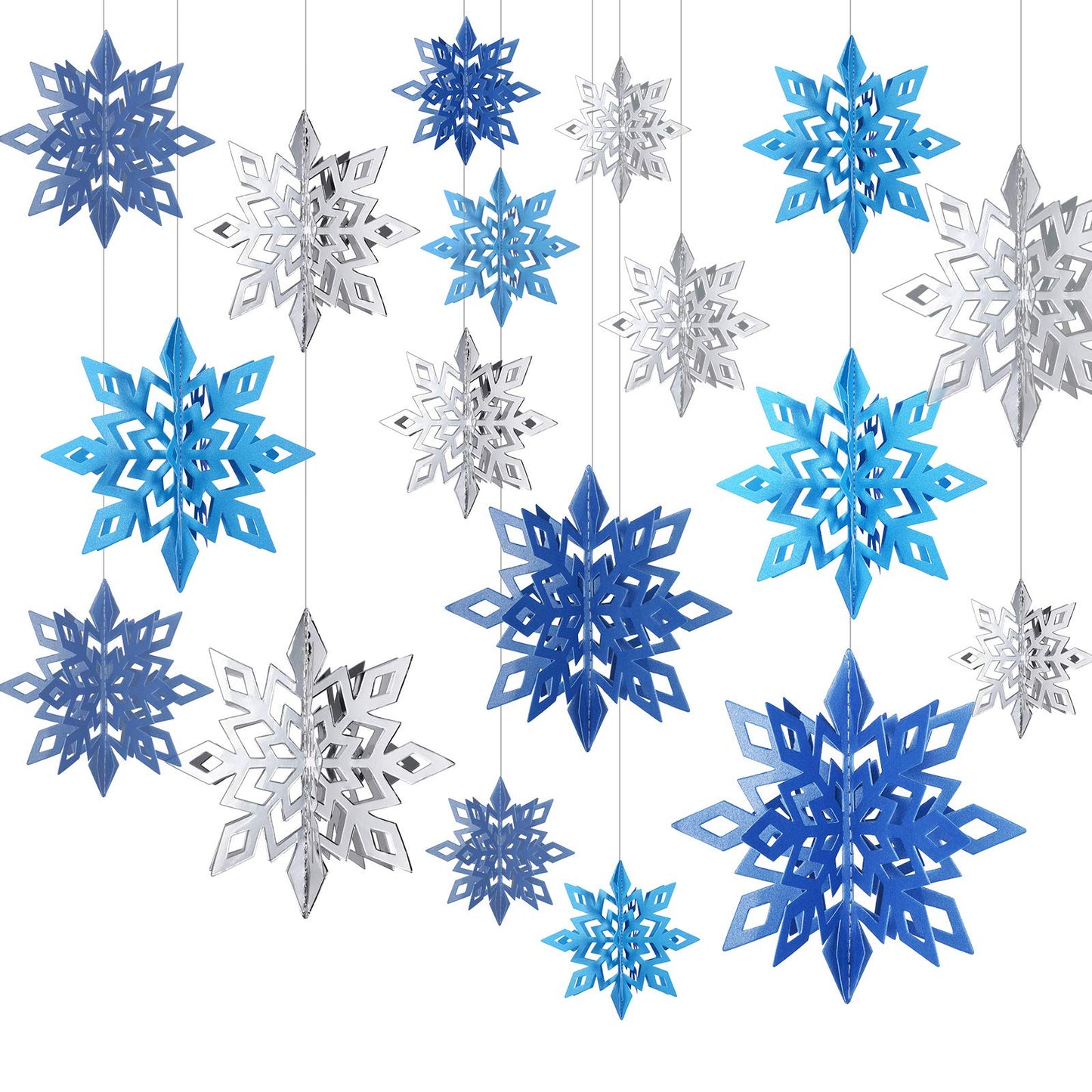 3D Hollow Christmas Winter Hanging Snowflakes Ornaments Decorations Glittery Large Snowflake Pendant Garlands for Winter Wonderland Party Home Decoration (Silver, Light Blue, Dark Blue,18 Pieces)