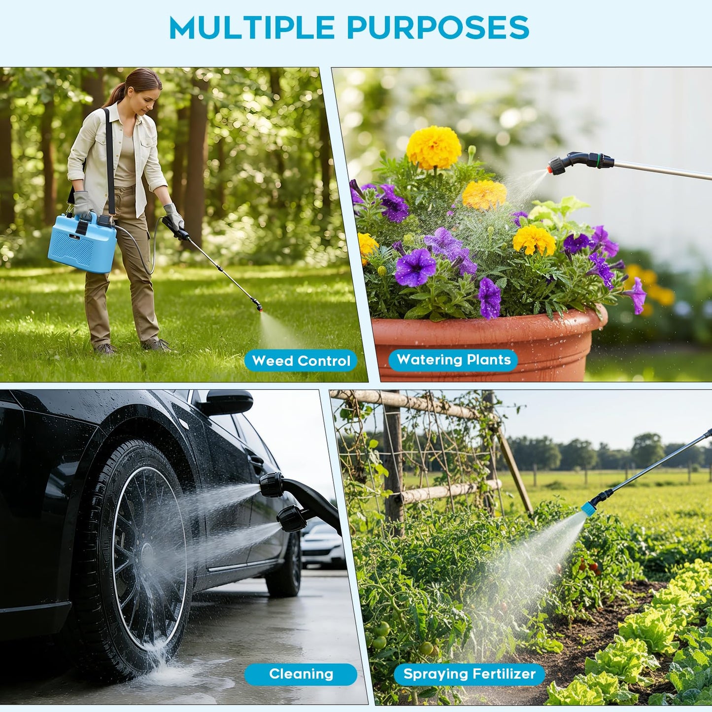 Battery Powered Sprayer 2 Gallon - Pump Sprayer Electric Garden Spray Weed Sprayer with 4 Nozzles Retractable Wand Adjustable Strap for Lawn and Yard Plant Care