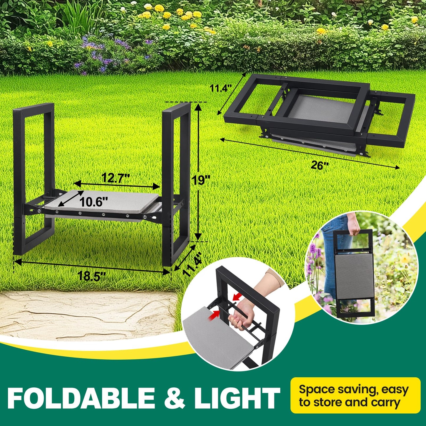 DIOVPLX Garden Kneeler and Seat Heavy Duty - 12.7" Wide Garden Kneeling Bench Stool with Handles, Folding Knee Seat Chair Gardening Gifts for Seniors Women Men Gardeners Pain-Free Weeding Planting