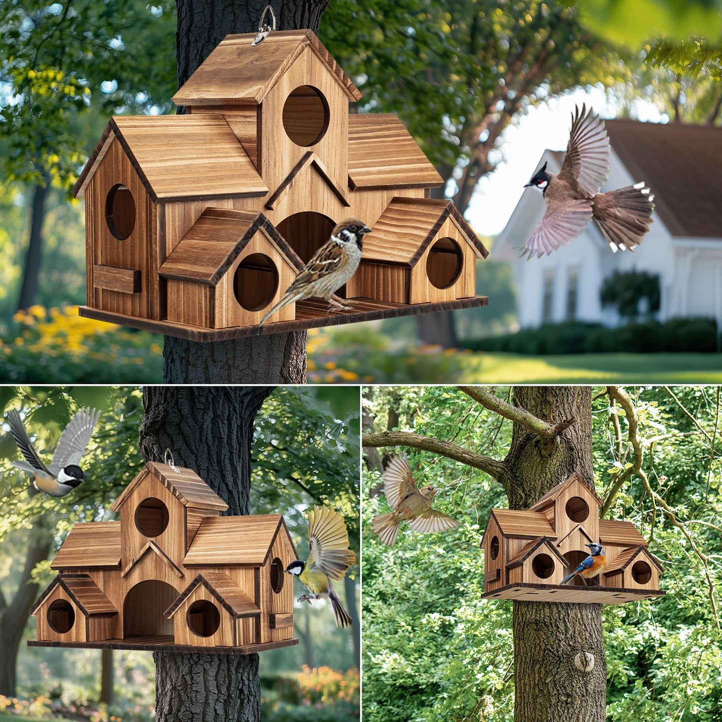 GLOPHOK Bird Houses for Outside, 5-Hole Wooden Birdhouse for Bluebirds Finch Swallow Wren Chickadee Hummingbird, Hanging Bird House for Outdoor Clearance Garden Courtyard
