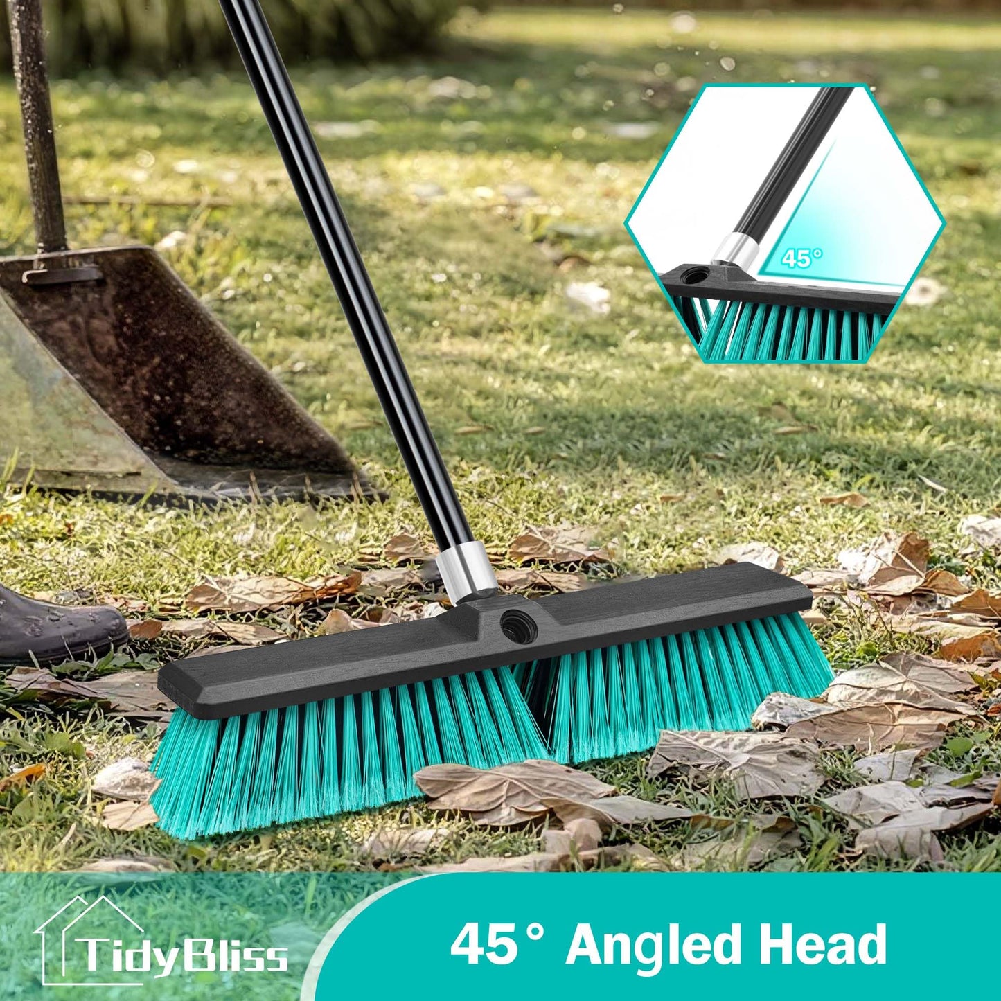 TidyBliss 18” Push Broom Outdoor Heavy Duty, Large Commercial Stiff Bristle Brush with 63 inches Long Handle for Garage Shop Garden Yard Patio Deck Street Warehouse Lawn Driveway (Green)