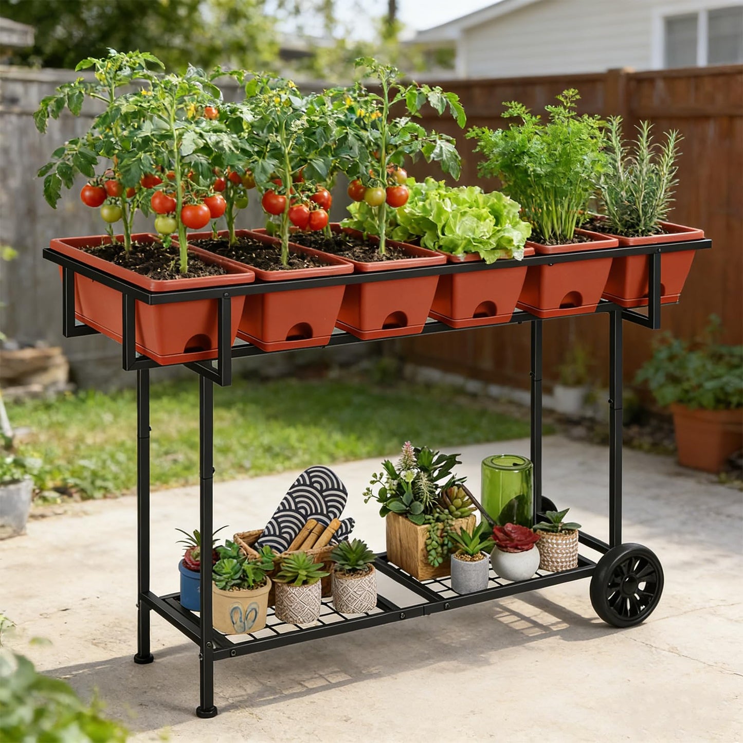 Vrisa Elevated Raised Garden Bed Outdoor with Legs 43x17x29 in Plastic Standing Planter Box with Storage Shelf and Wheels Vegetables Herbs Flowers Gardening Boxes for Backyard, Patio, Balcony, Black
