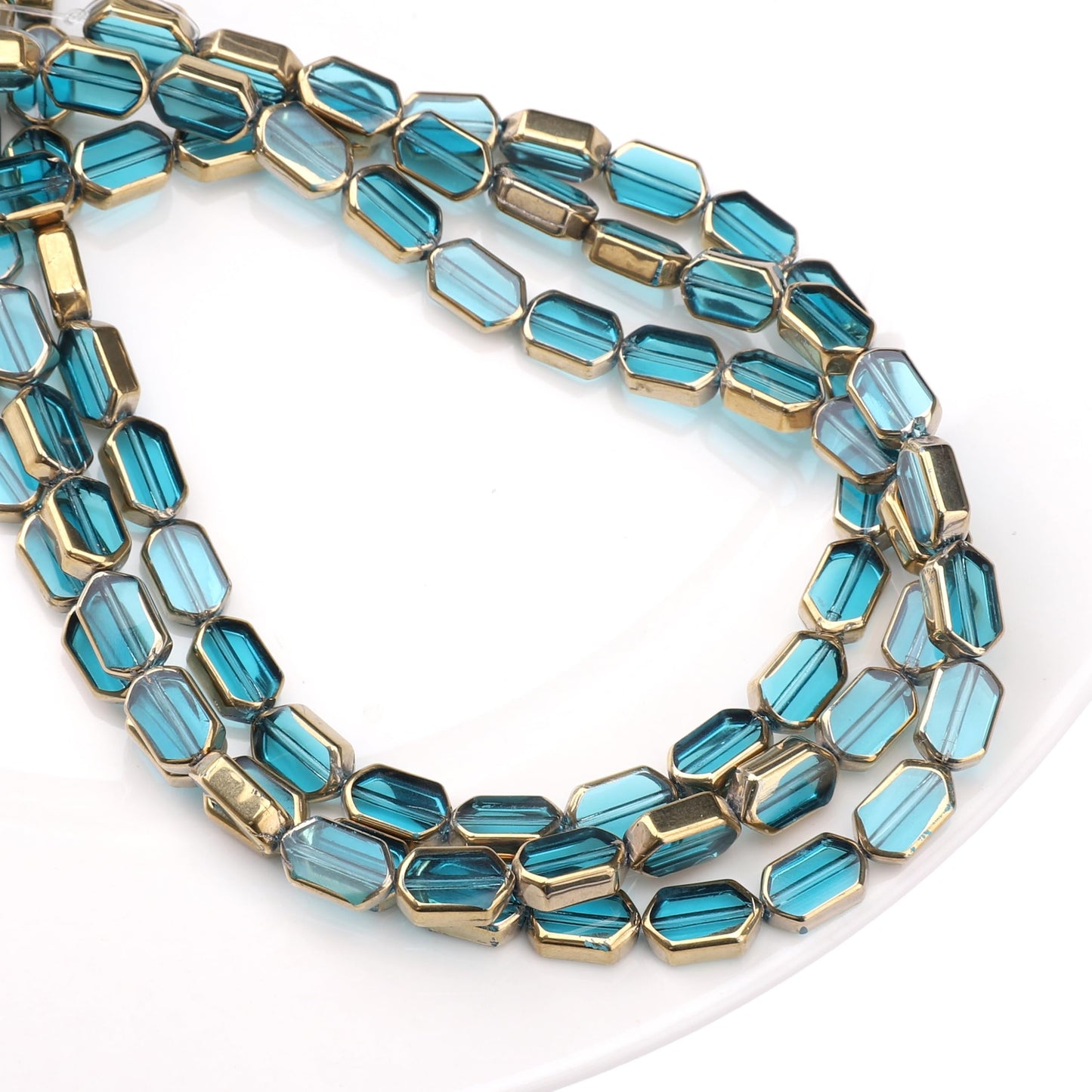 DADIFEN Glass Octagon Beads Lake Blue 6x9mm 28pcs Rectangle Golden Edge Crystal Loose Beads for DIY Craft Jewelry Making