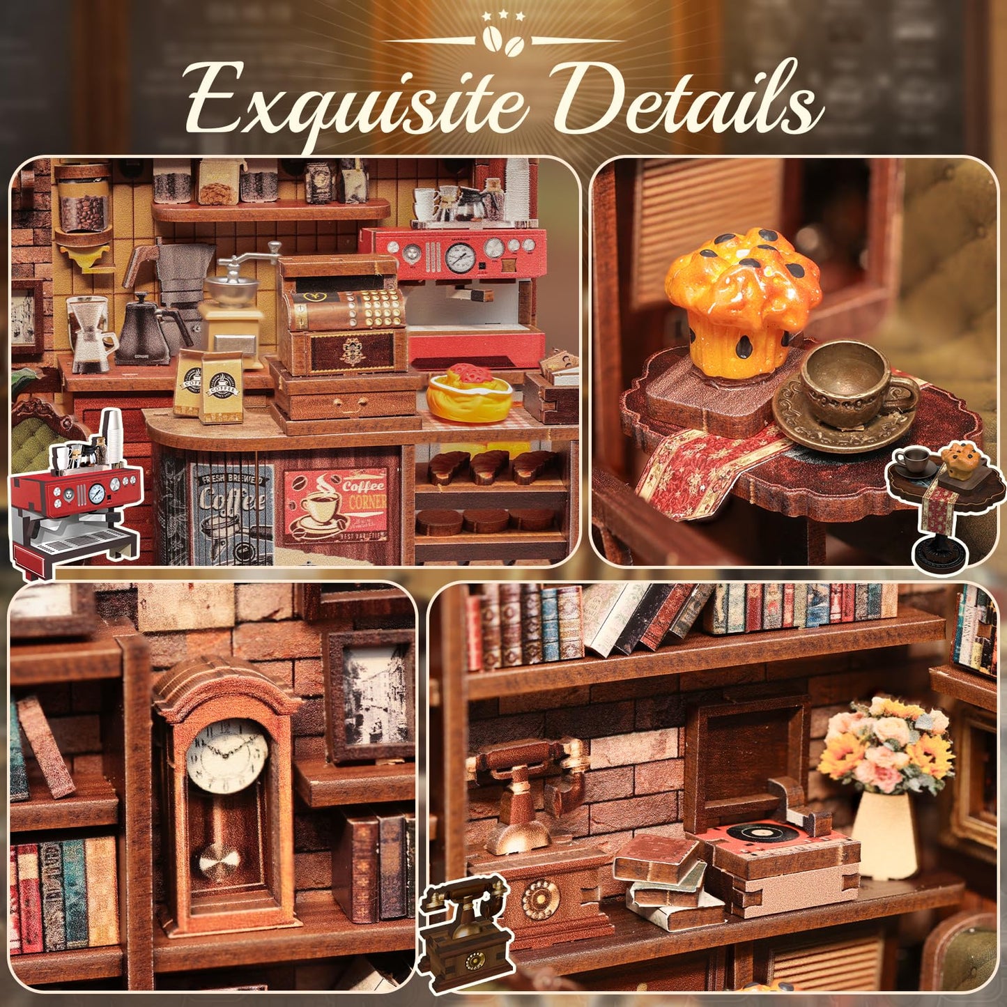 CUTEBEE Book Nook Kit - DIY Miniature House Coffee Shop Dollhouse Kit for Adults, Booknook Tiny House Bookshelf Decor 3D Wooden Puzzle, Gifts for Family, Friends (Corner Coffee Shop)
