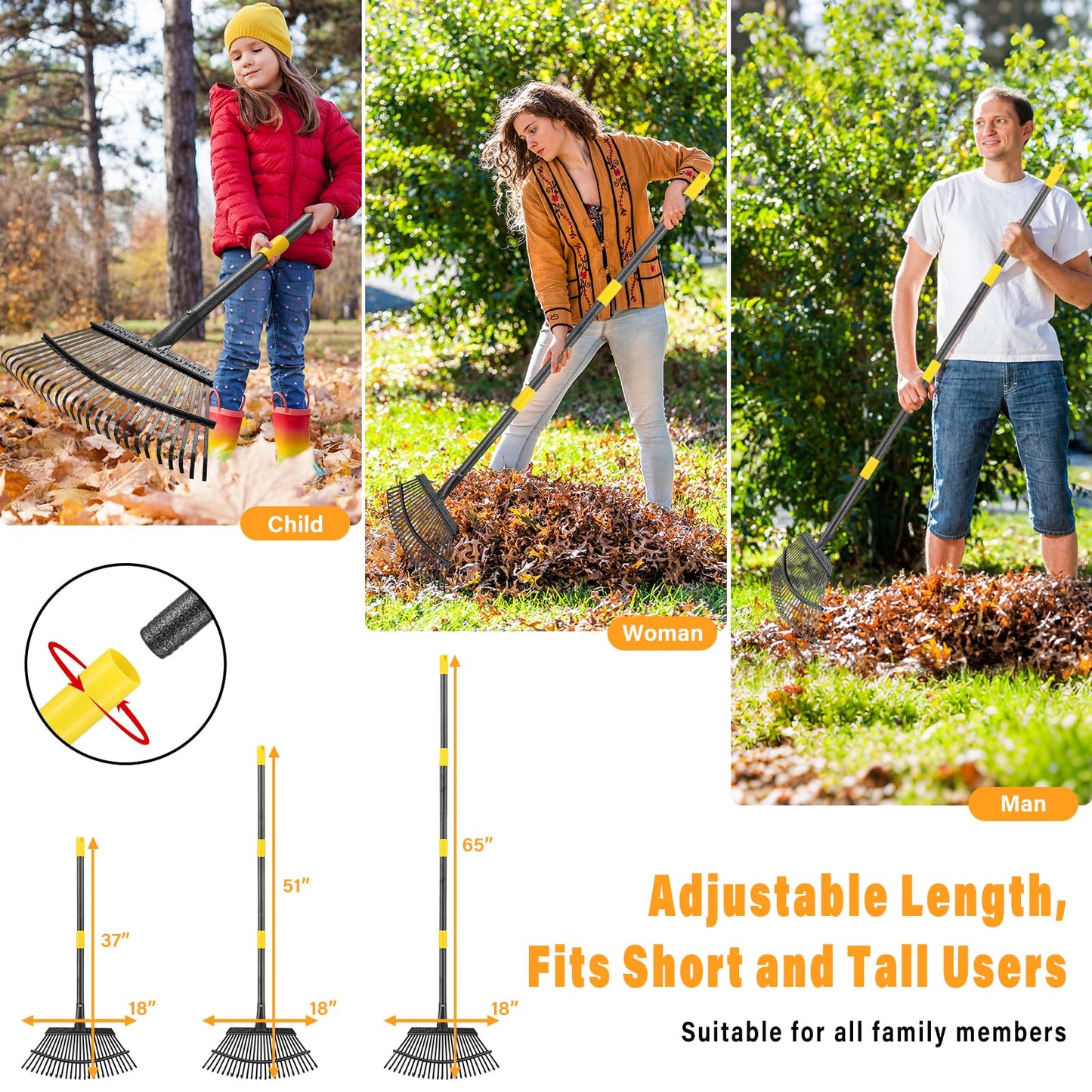 Rake for Leaves - 25 Tines Heavy Duty Metal Rake Set with Leaf Scoops & Collector Bag, Adjustable Rakes for Lawns, 3-in-1 Leaf Collection Tool for Efficient Yard Pine Needle Grass Cleanup 5FT
