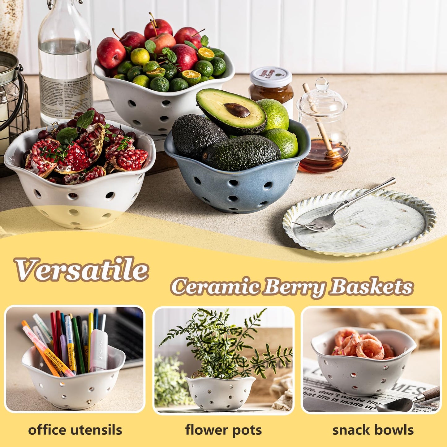 Gomakren Ceramic Berry Basket Set of 2, Rustic Fruit Basket Container 6 Inch, Fruit Bowl with Holes for Kitchen, Berries, Strawberry, Grape, Cherry, Floral Shape - Cream White