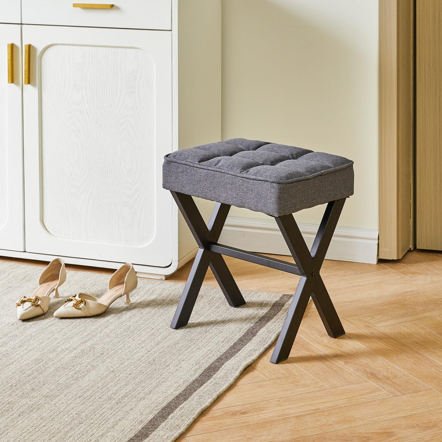 IBUYKE Square Makeup Stool with X-Leg Foot Rest, Linen Footrest, Ottoman Seat, Multi-Use as Small Side Table, for Bedroom, Living Room, Dark Gray LG-70G