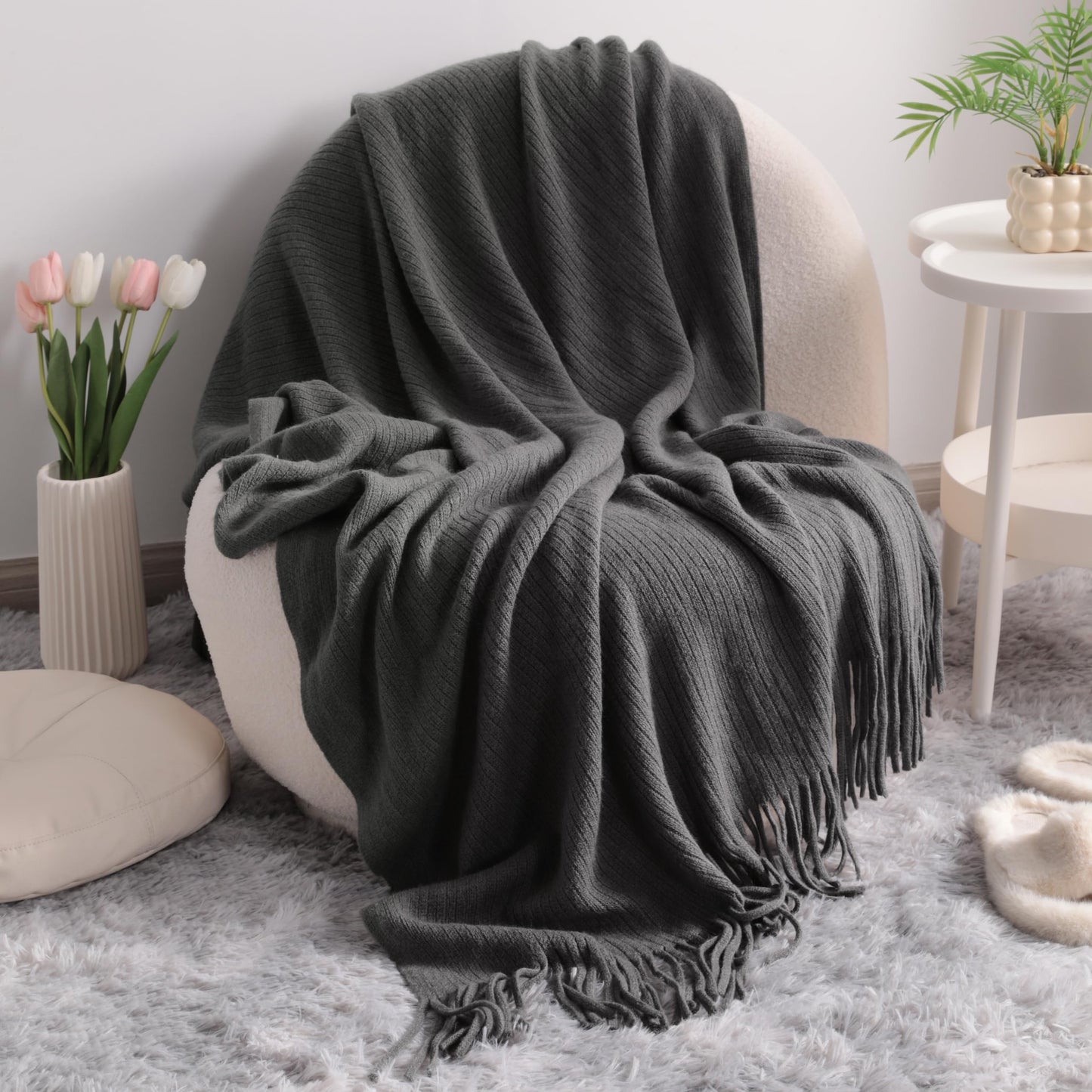 NTBAY Acrylic Knitted Throw Blanket, Lightweight and Soft Cozy Decorative Woven Blanket with Tassels for Travel, Couch, Bed, Sofa, 51x67 Inches, Grey Striped