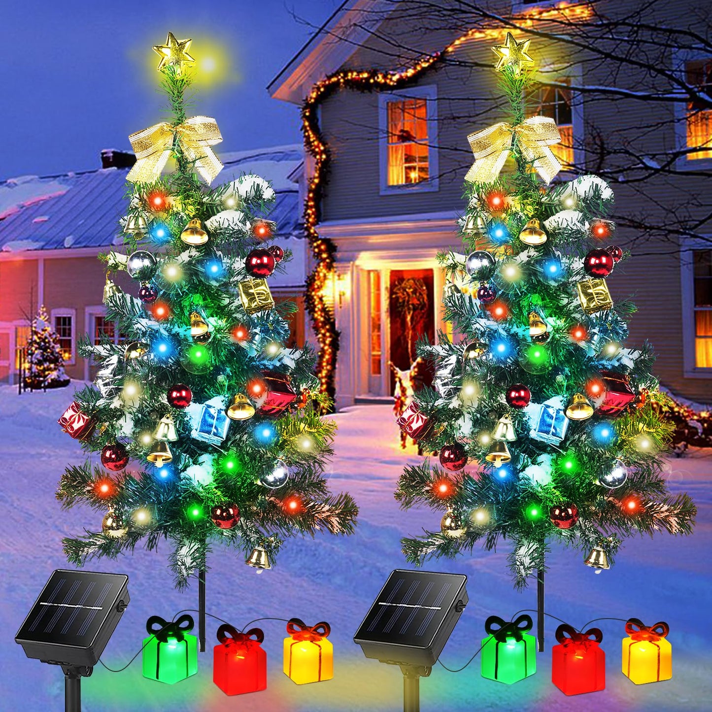 Aukora Solar Christmas Tree Lights Outside Decorations 31 in,8 Modes Christmas Light Outdoor Waterproof with 23 Xmas Accessories & 3 Gifts Box Lights for Garden Pathway Cemetery Decorations,2Pack