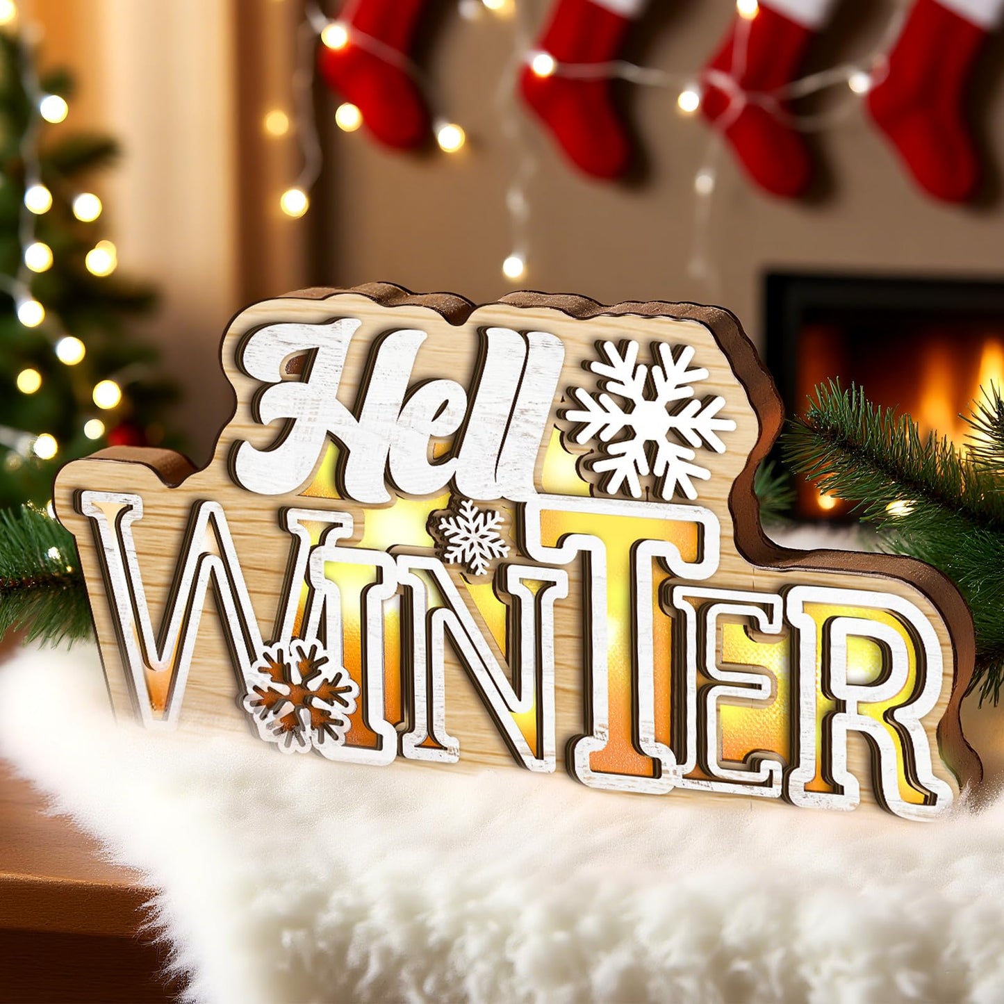 Glooglitter Hello Winter Snowflake Wooden Tabletop Decoration Winter Sign LED Snowflake Centerpiece Wood Plaque Freestanding Wood Sign for Xmas Table Party 13.8 x 3.5 Inch