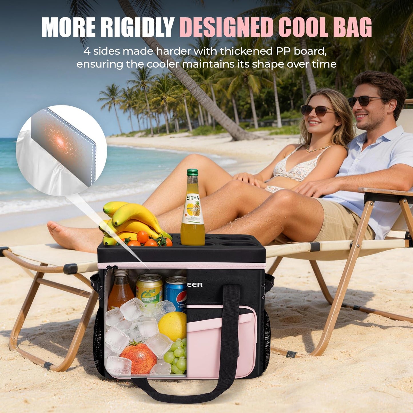 INSMEER Soft Cooler Bag with Hard Shell & 4 Cup Holders, 55 Cans 40L Collapsible Soft Sided Cooler, 100% Leakproof Insulated Cooler Bag Portable for Beach Travel Camping Picnic