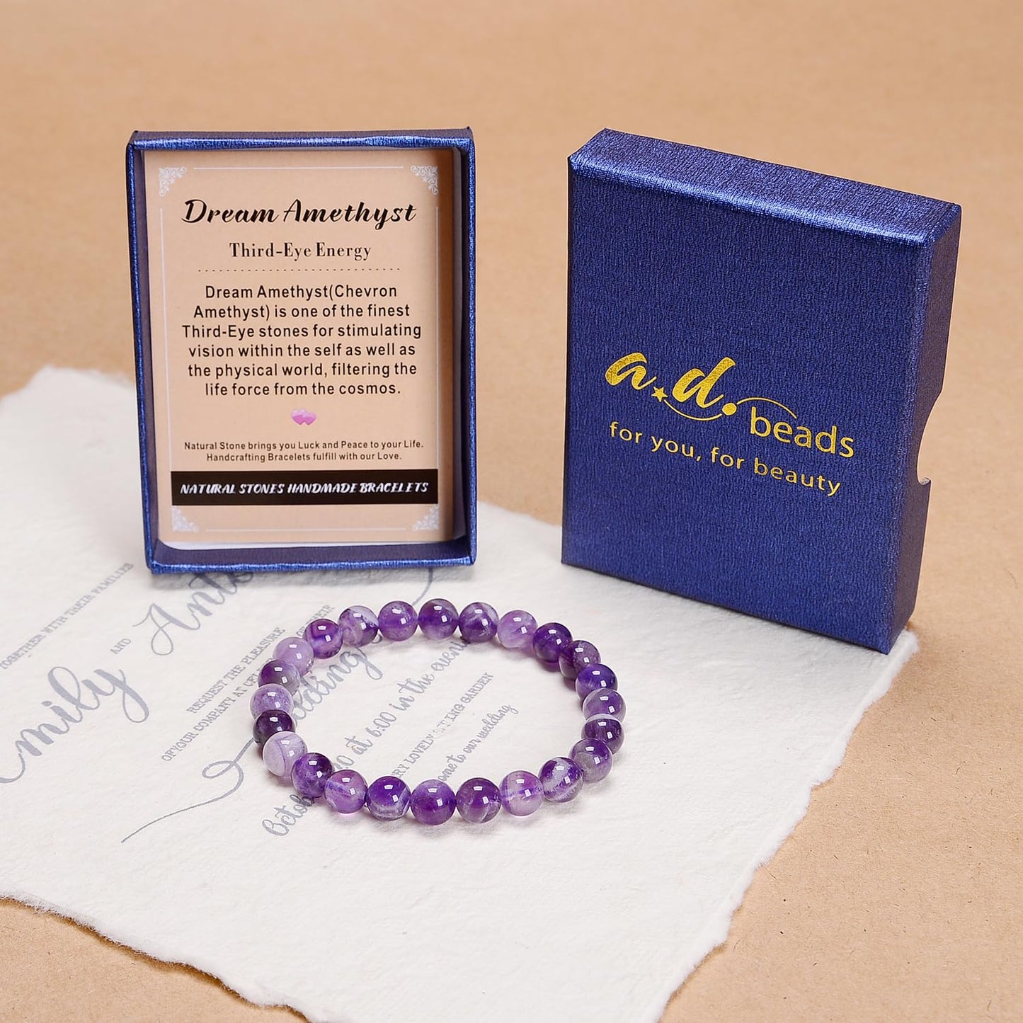 AD Beads Handmade Gemstone Stretch Elastic Bracelet Crystal Healing Reiki Nature's Beauty and Spiritual Essence Unisex (8mm, Dream Amethyst (Third-Eye Energy))