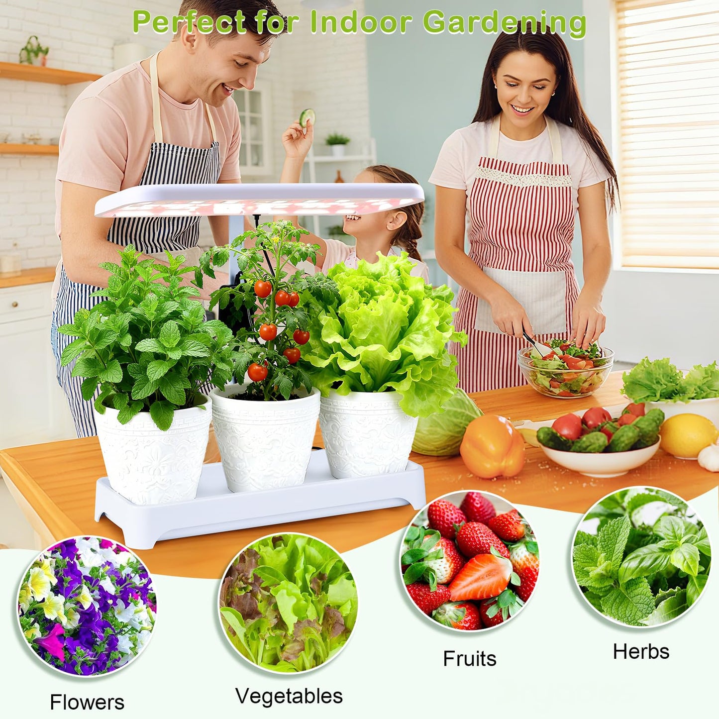 Indoor Garden Led Grow Light, Herb Kitchen Garden Grow Kit, Full Spectrum LED Plant Light for Plants, Height Adjustable Growing Lamp with Intelligent Controller (Not Pots) (White, 16.5*6.5*4 inch)