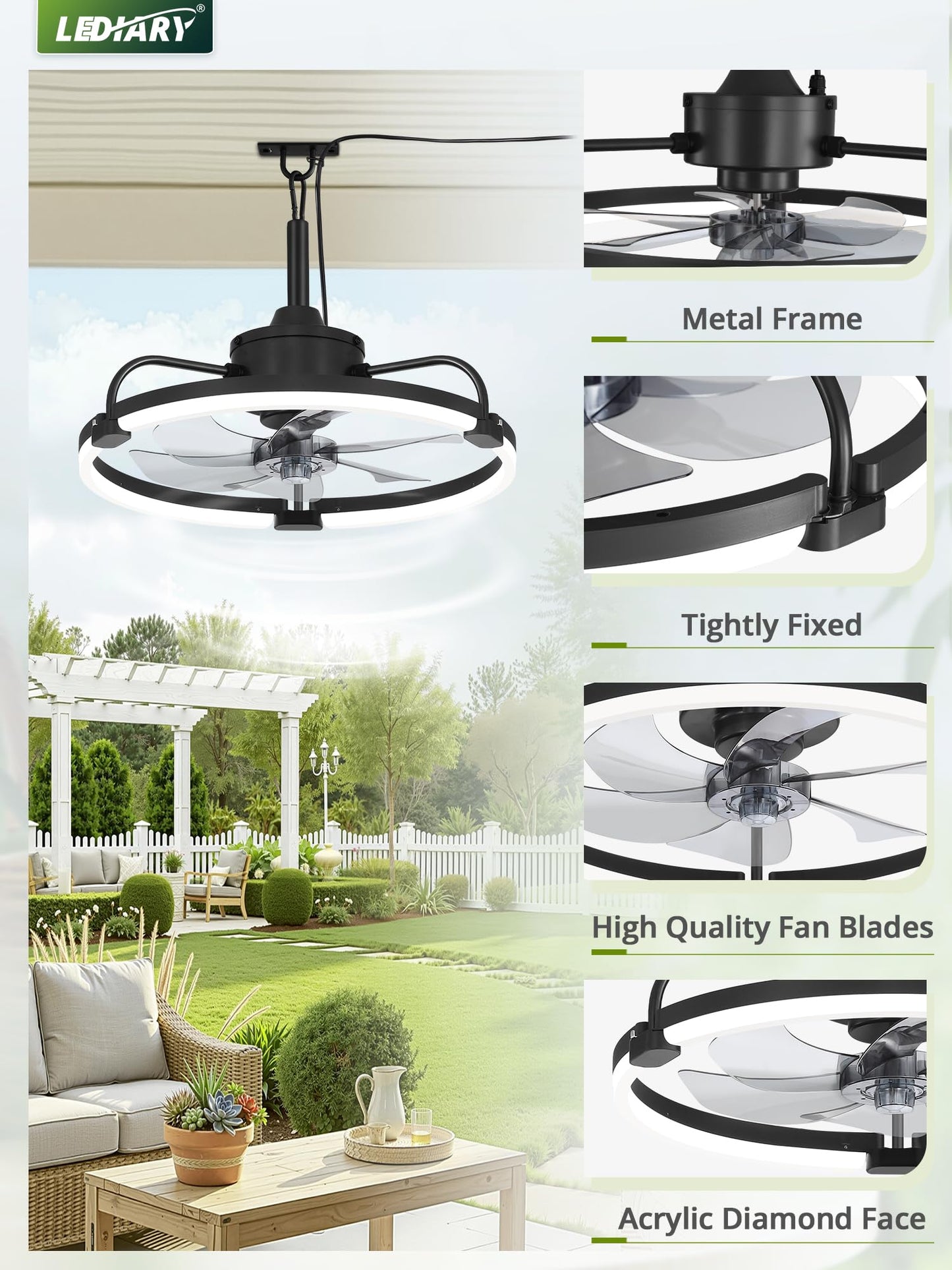 LEDIARY 20" Outdoor Ceiling Fan with Lights, IP65 Waterproof Gazebo Fan with Hanging Hook, Plug-in Ceiling Fan Remote&APP Control, 3CCT Dimmable, 6-Speeds, Caged Ceiling Fan for Gazebo,Patio,Pergola