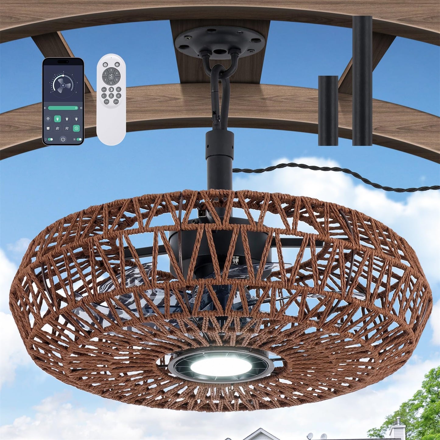 She's home 20'' Outdoor Gazebo Fan with Lights and Remote, Outside/Indoor Hanging Rattan Ceiling Fan, 3CCT Dimmable, 6-Speed DC Motor, Plug-in Wicker Woven Caged Ceiling Fans for Patio Porch Pergola