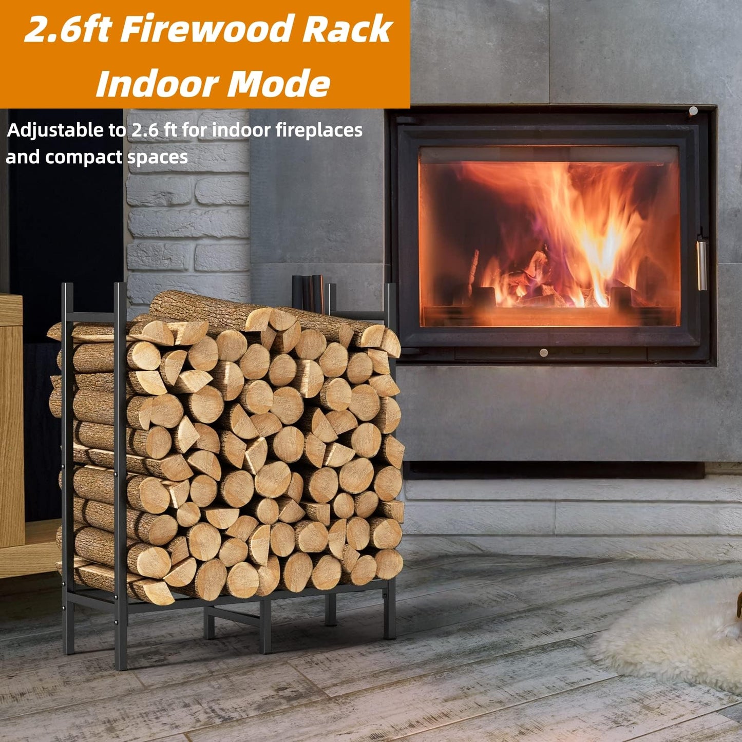 CADUKE Firewood Rack Outdoor, Adjustable 4FT to 2.64FT Heavy Duty Wood Racks for Firewood, Metal Log Rack Wood Storage for Indoor Fireplace Patio, Black