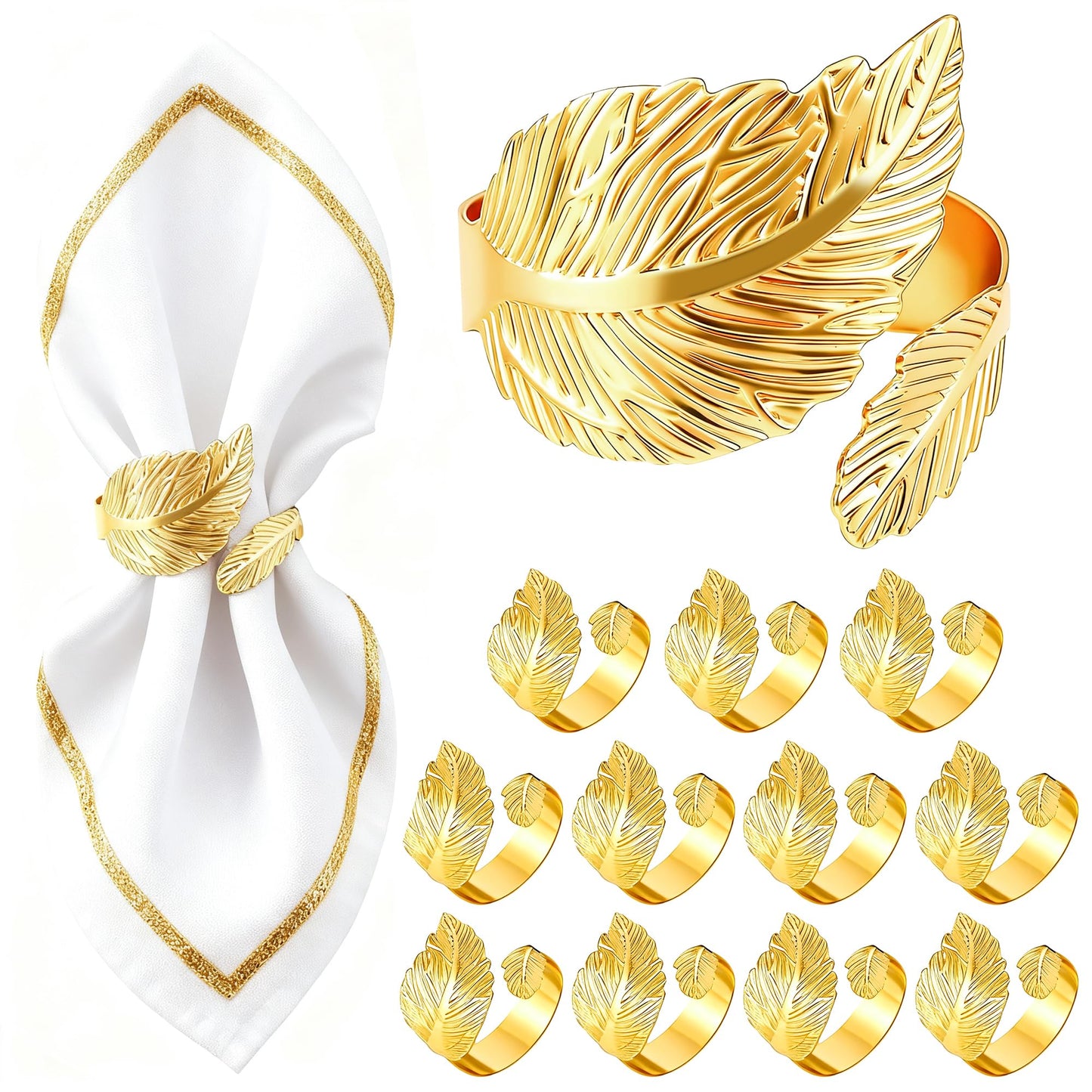 12-Pack Elegant Napkin Rings, Premium Metal Napkin Holders for Wedding, Daily Dining & Holiday Decor, Polished Gold & Silver Napkin Rings Set for Table Setting (Leaf Shaped-Gold)