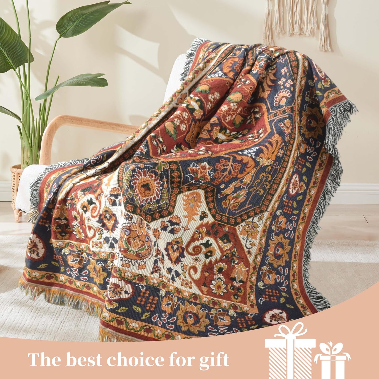 Shesyuki Boho Throw Blanket Reversible Cotton Bohemian Tapestry Hippie Room Decor Outdoor Blanket Double Sided (Boho Patten 50"x60")