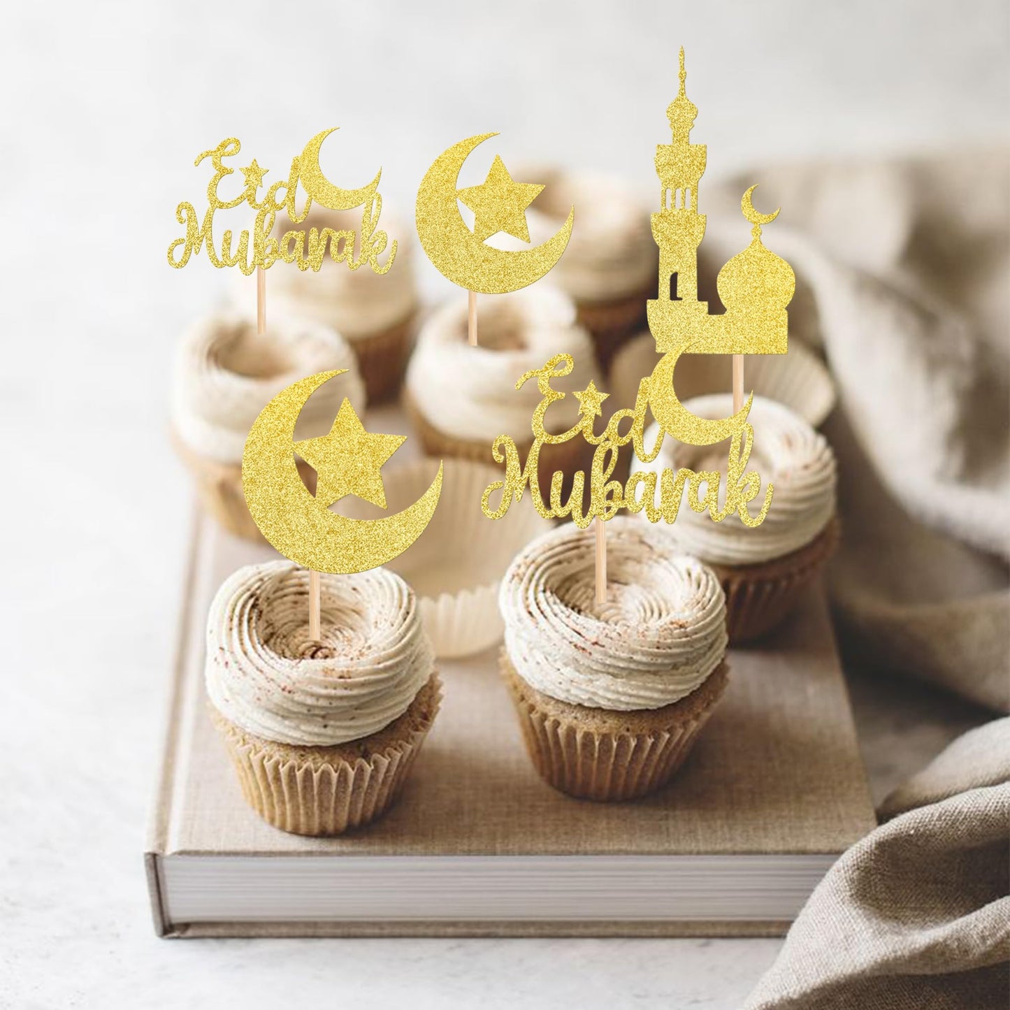 24 PCS Eid Mubarak Cupcake Toppers Gold Glitter Moon Star Ramadan Kareem Cupcake Picks for Eid Islamic Muslim Theme Party Cake Decorations Supplies