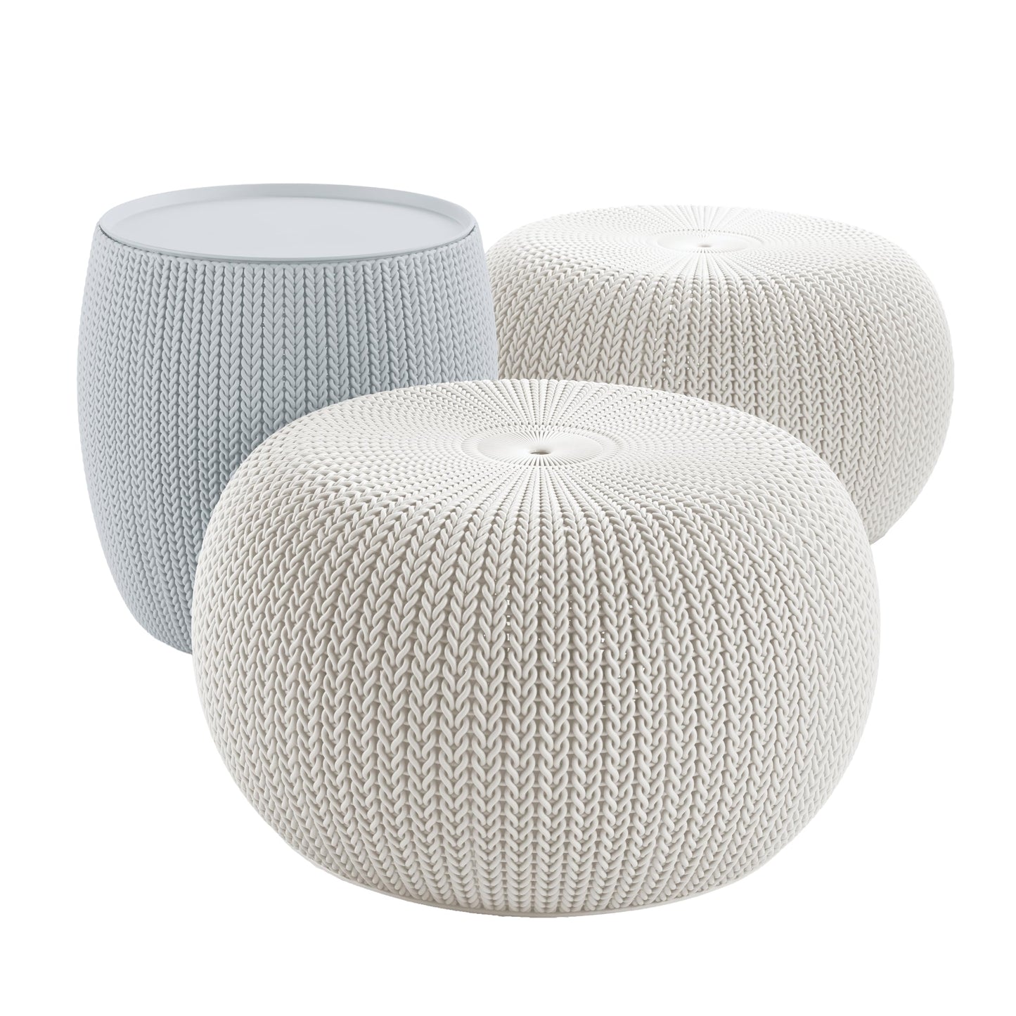 Keter Urban Knit Pouf Ottoman Set of 2 with Storage Table for Patio and Room Décor - Perfect for Balcony, Deck, and Outdoor Seating, Grey & White