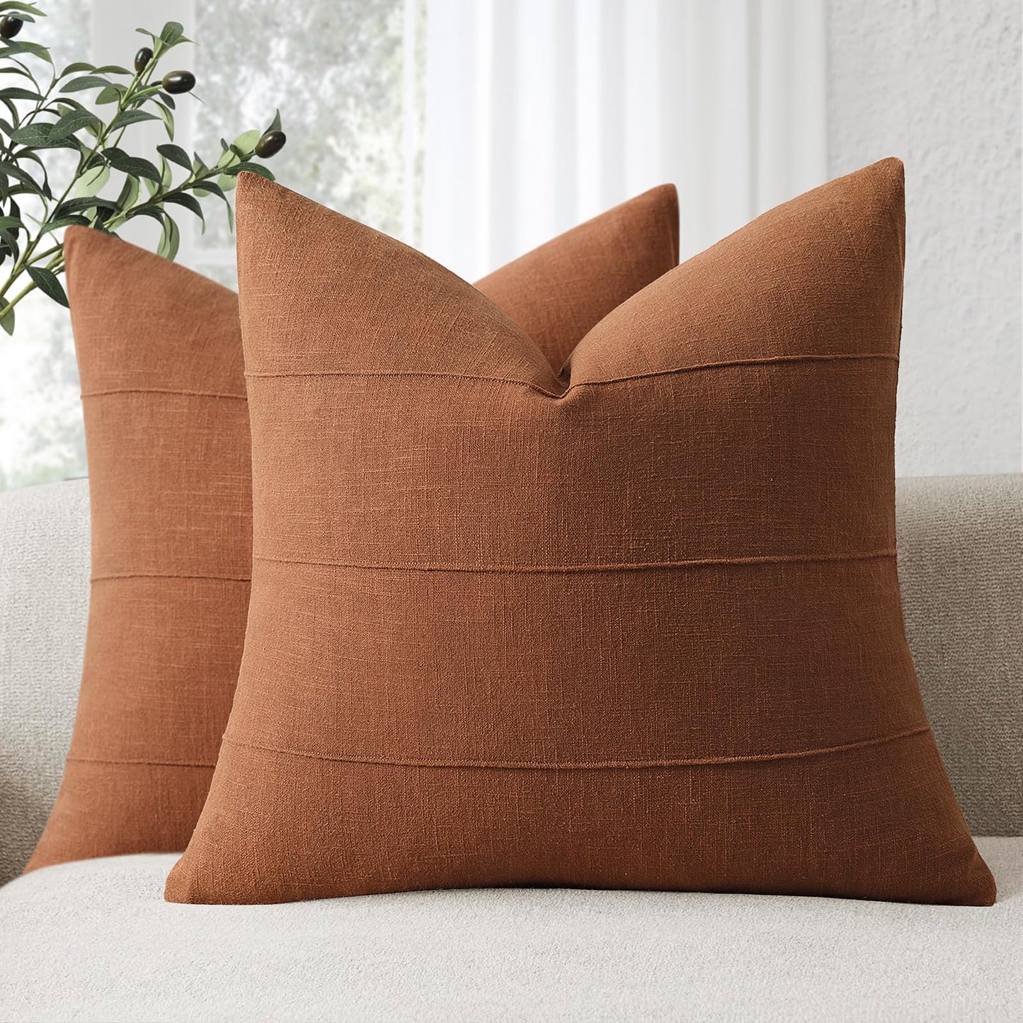 Decorative Linen Throw Fall Pillow Covers 18x18 Set of 2 Solid handcrafted Striped Cushion Covers for Bed Soft Modern Farmhouse Neutral Pillowcase for Couch Bedroom Living Room Home Fall Decor(Rust)