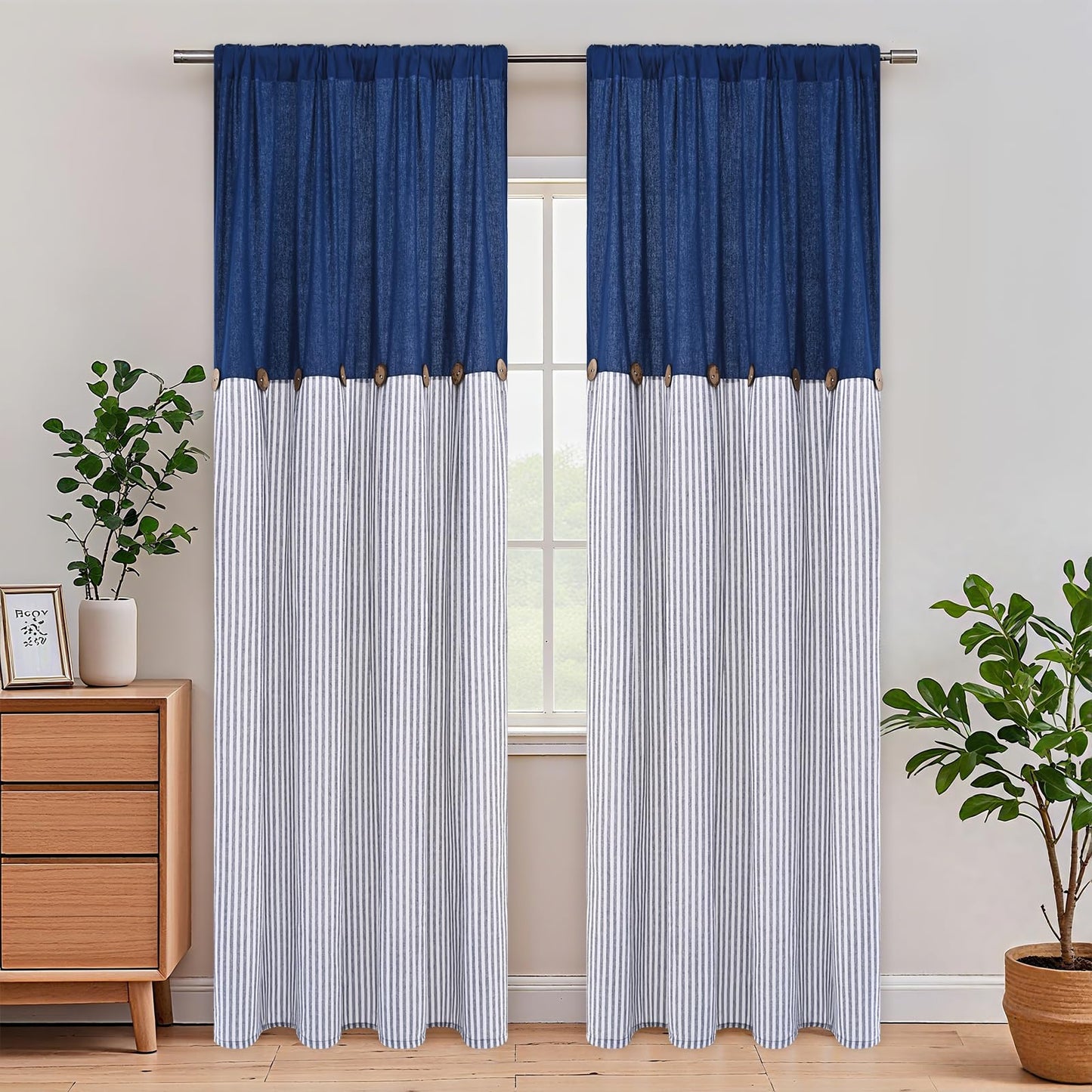 ASPMIZ Cotton Linen Farmhouse Curtains for Living Room, Boho Rustic Button Window Curtain Panels, Blue Striped Curtains for Bedroom, Country Back Tab Modern Drapes for Windows 52 x 84 Inch 2 Panels