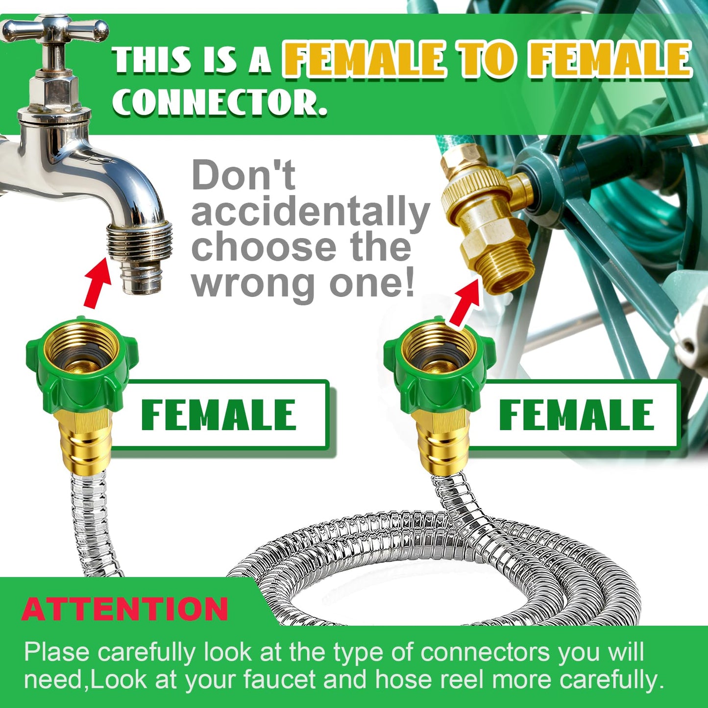 Female to Female Short Garden Leader Hose 4FT,Metal Hose Reel Connecting Hose,Stainless Steel Hose Connector for Hose Reel,Flexible,Kink-Free & No Leak Outdoor Water Pipe Extension Adapter
