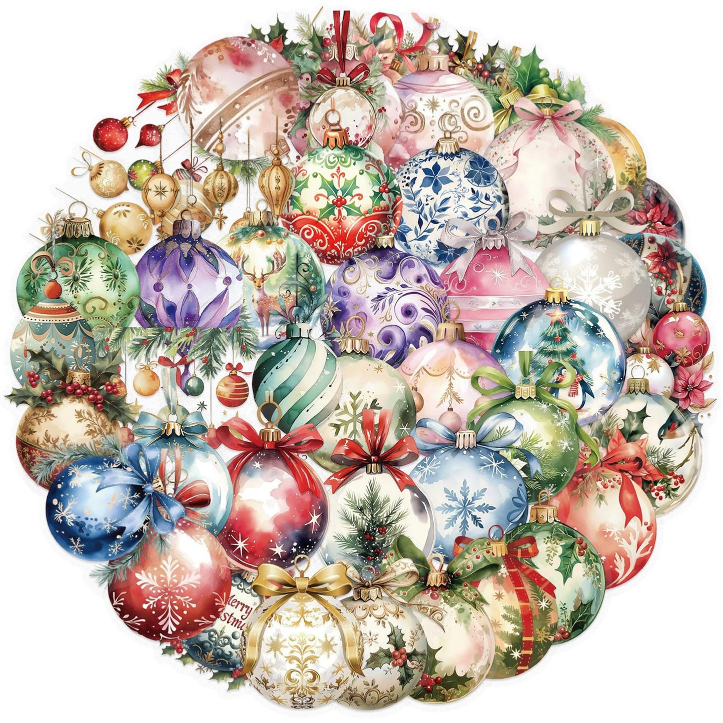50 Pieces Christmas Themed Transparent Stickers for Scrapbooking, Ornament Ball Self-Adhesive Scrapbooking Stickers Supplies Journal Stuffers for Adult Card Making Letters DIY