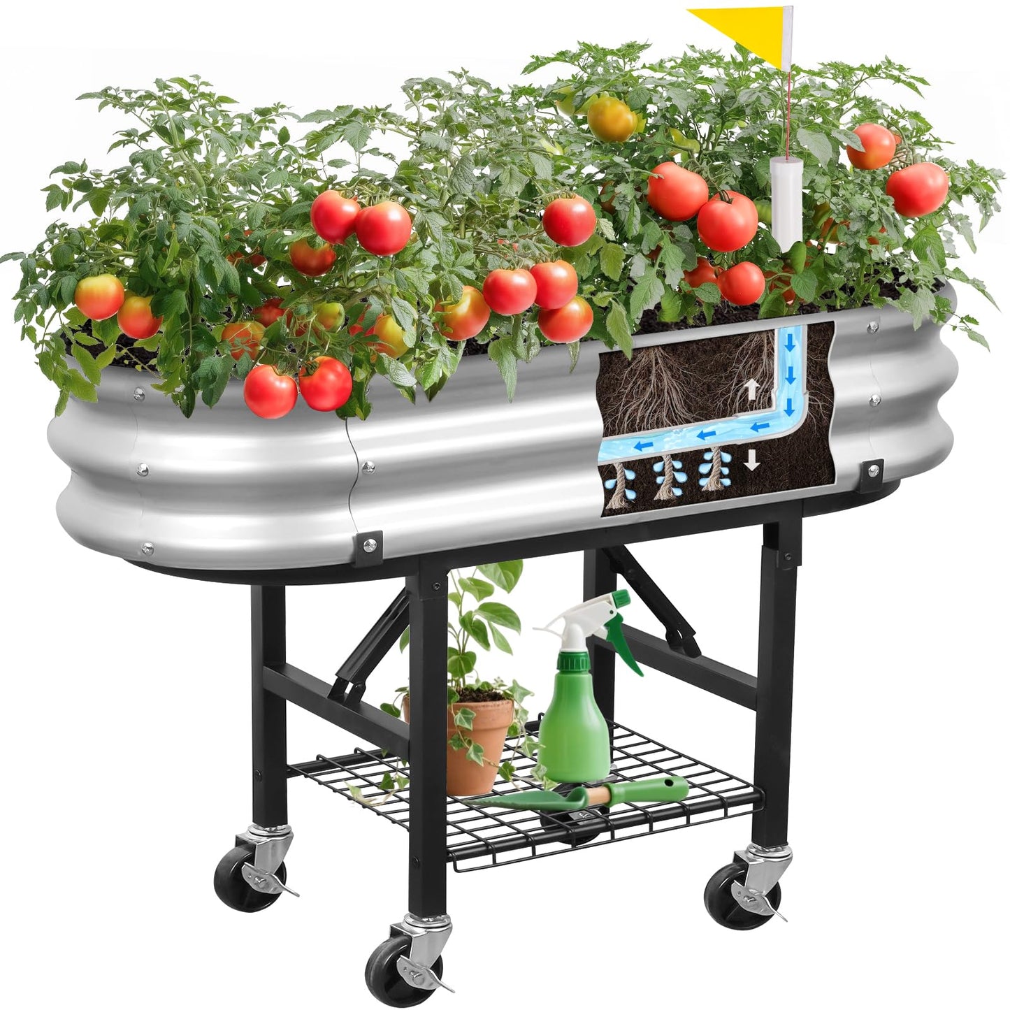 Self-Watering Raised Garden Bed with Legs and Heavy Duty Wheels, Easy-Install Planter Box with Foldable Stand, Galvanized Metal Elevated Wicking Bed with Liner for Indoor Outdoor Gardening
