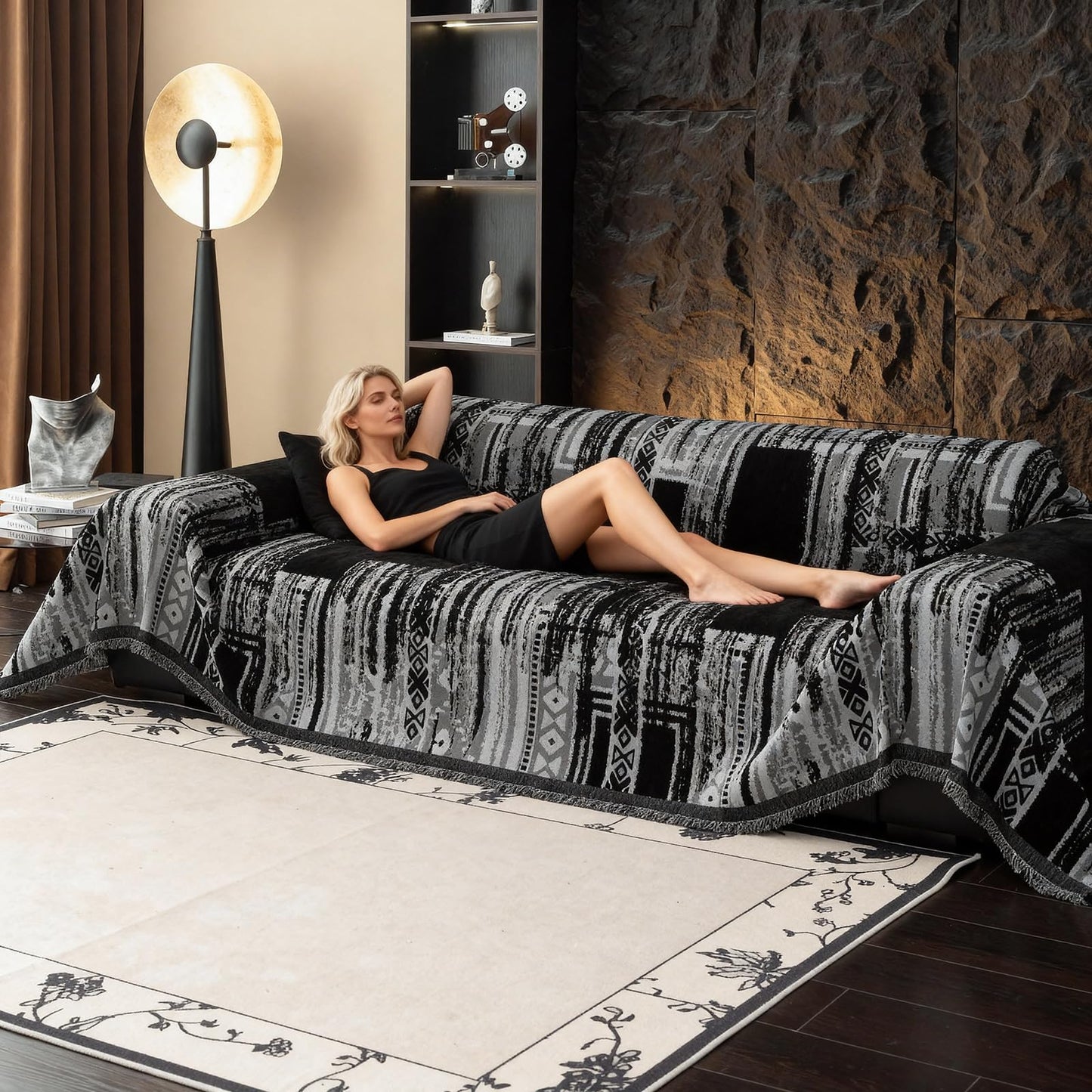VOGOL Boho Chenille Couch Cover, Terracotta Geometric Jacquard Sofa Protector for 3 Cushion Couch, Heavyweight Woven Throw with Tassels, 70x134 Inches, 1 Piece