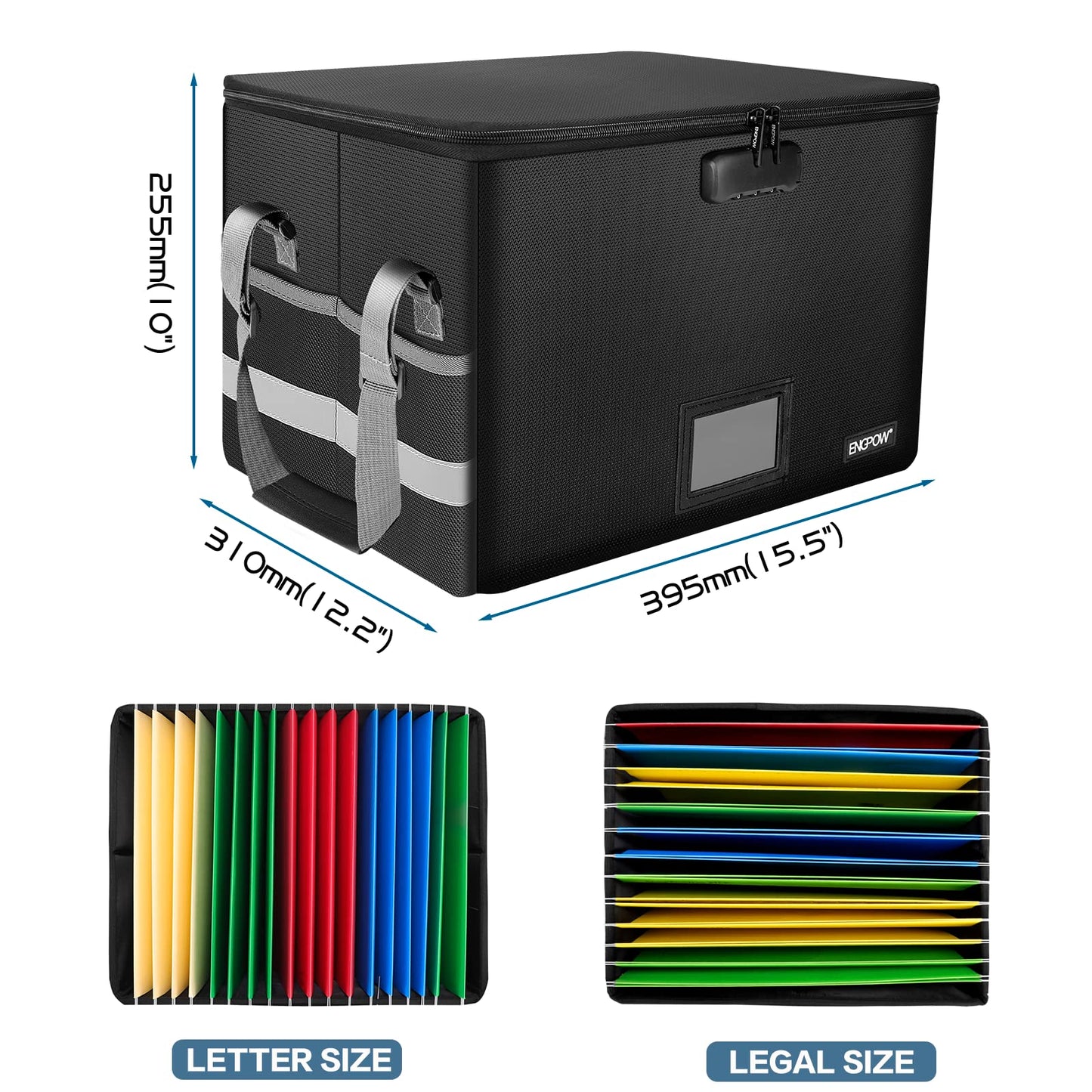 ENGPOW File Box with Lock,Fireproof Document Box with Zipper＆Pockets,Collapsible File Organizer Filing Storage Cabinet with Handle,Portable Home Office Safe for Hanging Letter/Legal Folder,Black