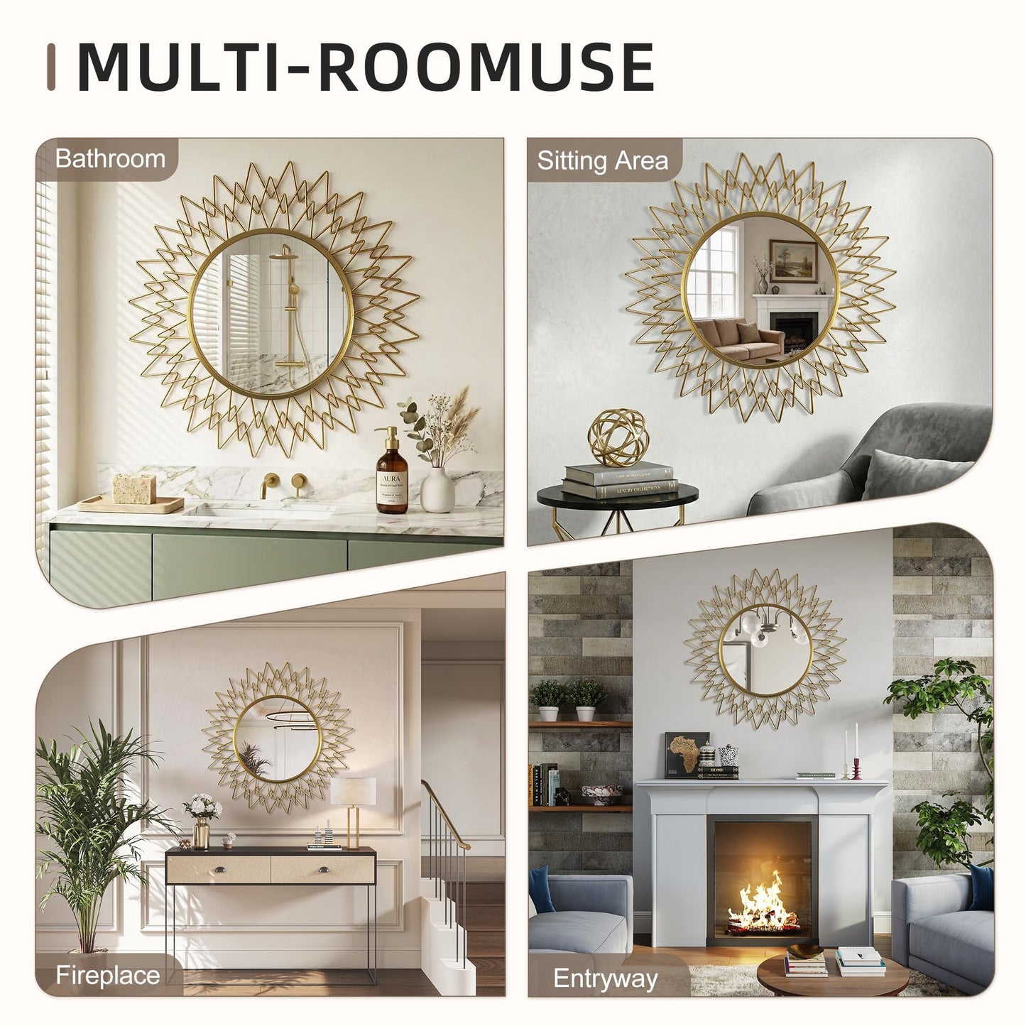 Qiqiong 36" Large Gold Sunburst Wall Mirror - Mid Century Modern Round Starburst Mirror with Metal Radiating Frame - Statement Decorative Wall Art for Living Room, Entryway, Fireplace Mantel