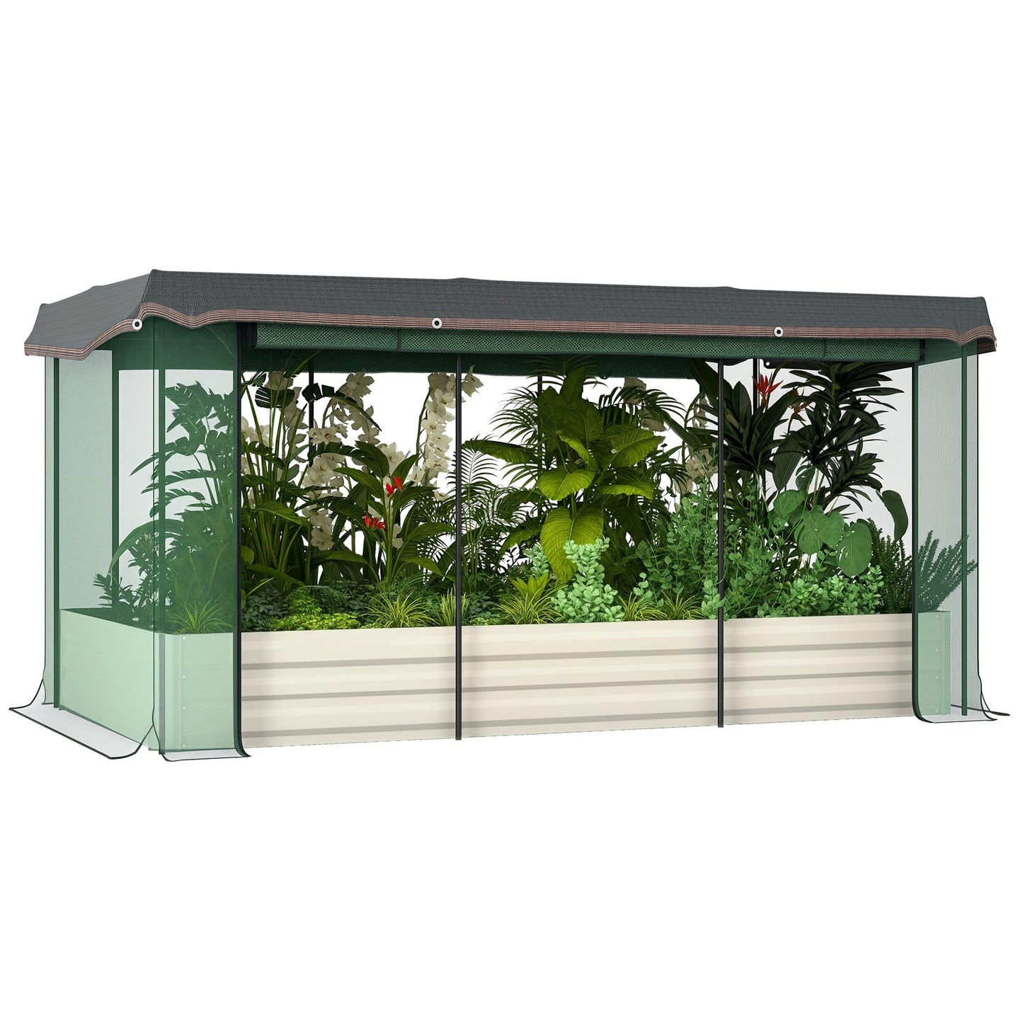 Outsunny 7.3 x 3.4 x 1 ft Galvanized Raised Garden Bed with Crop Cage Plant Protection Net and Shade Cloth Roof, Metal Planter Box with Cover for Vegetables, Flowers, Herbs, Beige