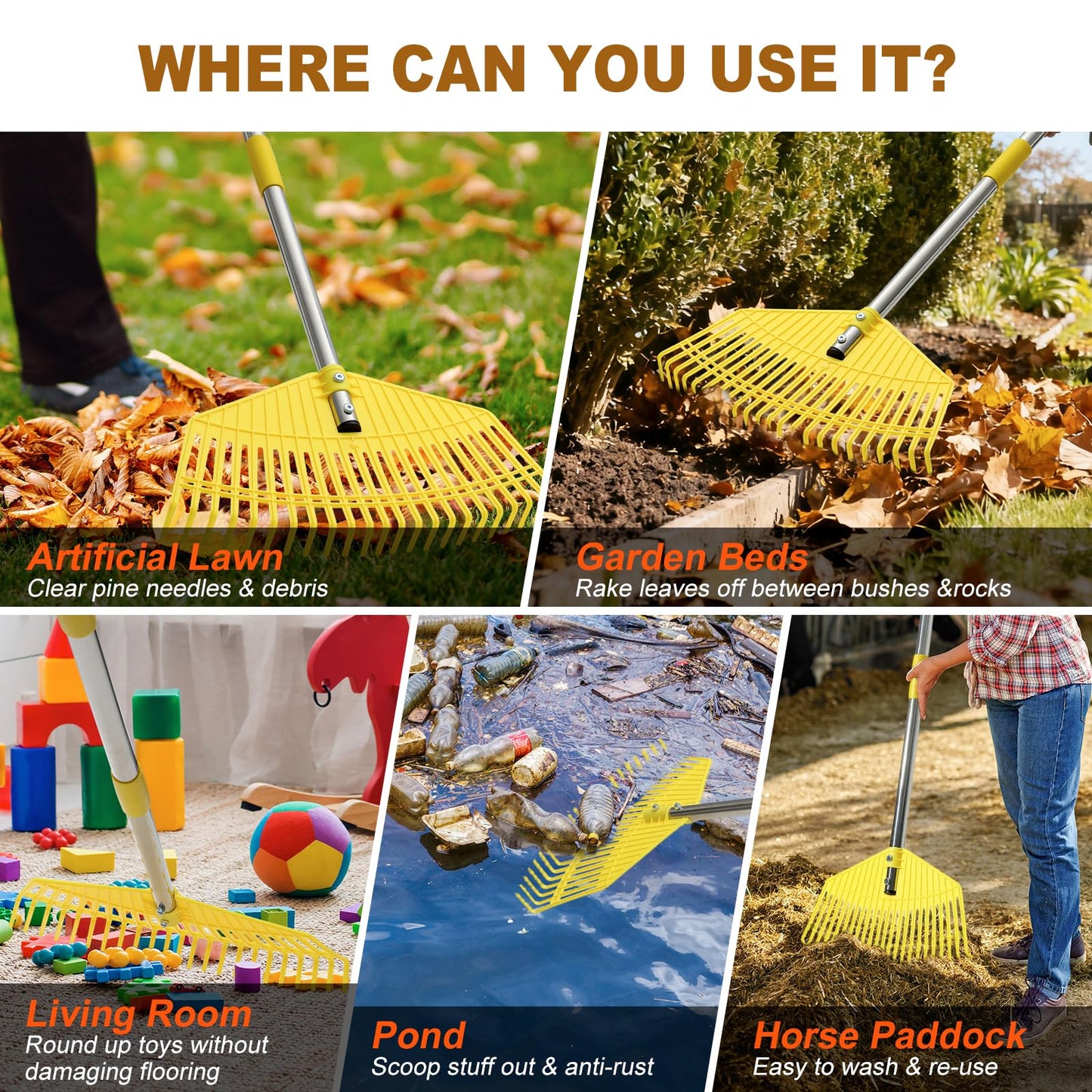 Leaf Rake - 16.5" Wide Nylon Plastic Head,51" Adjustable Stainless Steel Handle,Heavy Duty Gardening Leaves Rake Tools for Garden Lawns,Yard,Shrub,Grass - Lightweight for Women,Seniors & Kids