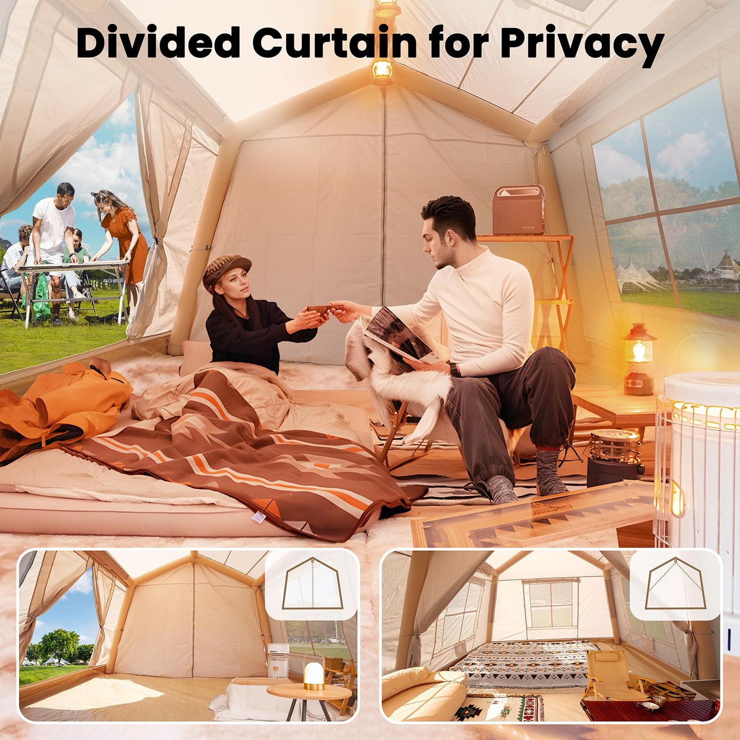 8-10 Person Large Inflatable Camping Tents with Canopy, Blow Up Tent House 2 Rooms, 4 Season Hot Tent with Stove Jack & AC Ports, Glamping Camping Tents for Outdoors, Easy Setup with Air Pump