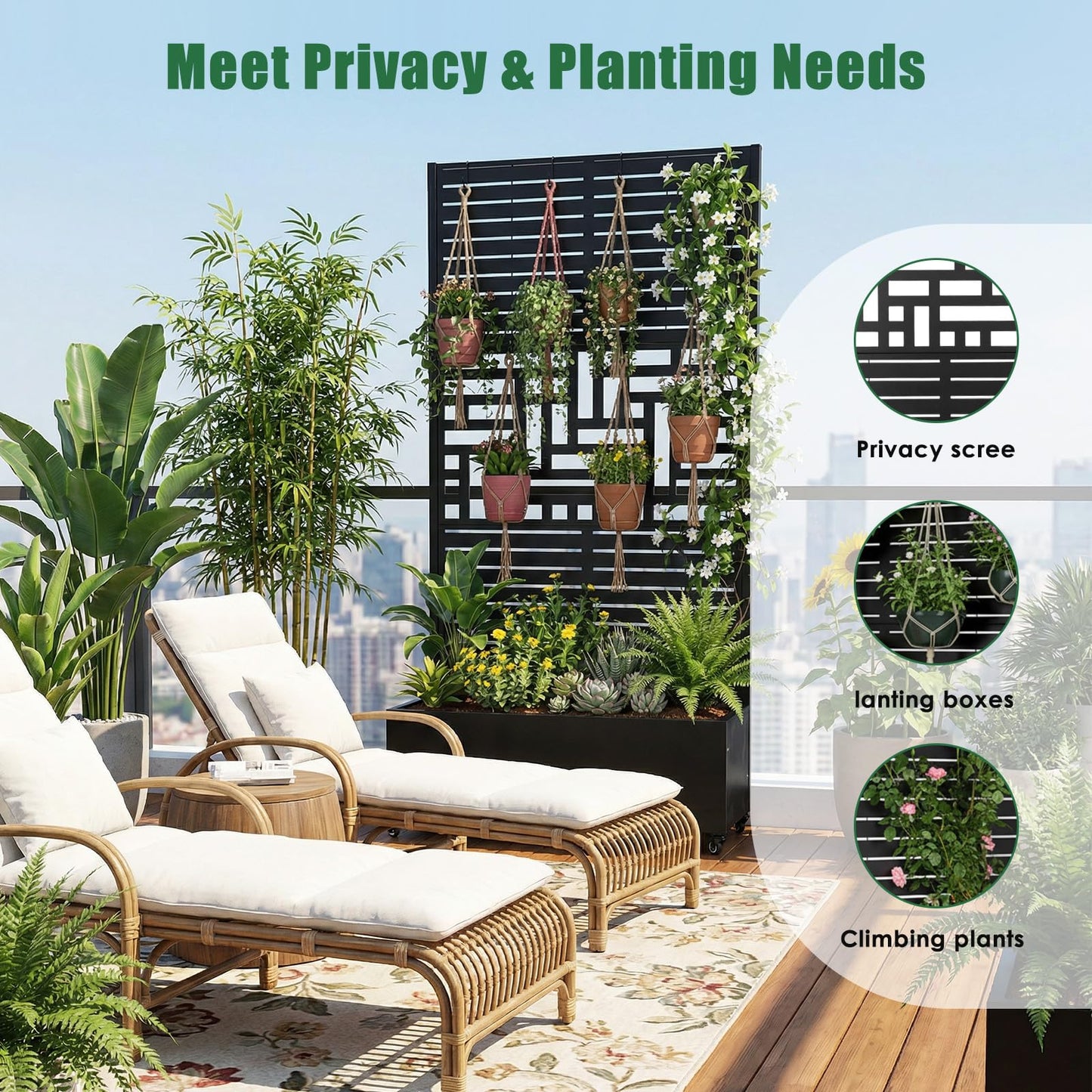 FASDRESS Metal Planter Box with Trellis Standing Planter Box for Climbing Plants/Vines Raised Garden Bed On Wheels 70.87x35.43x15.75 Inch (01)