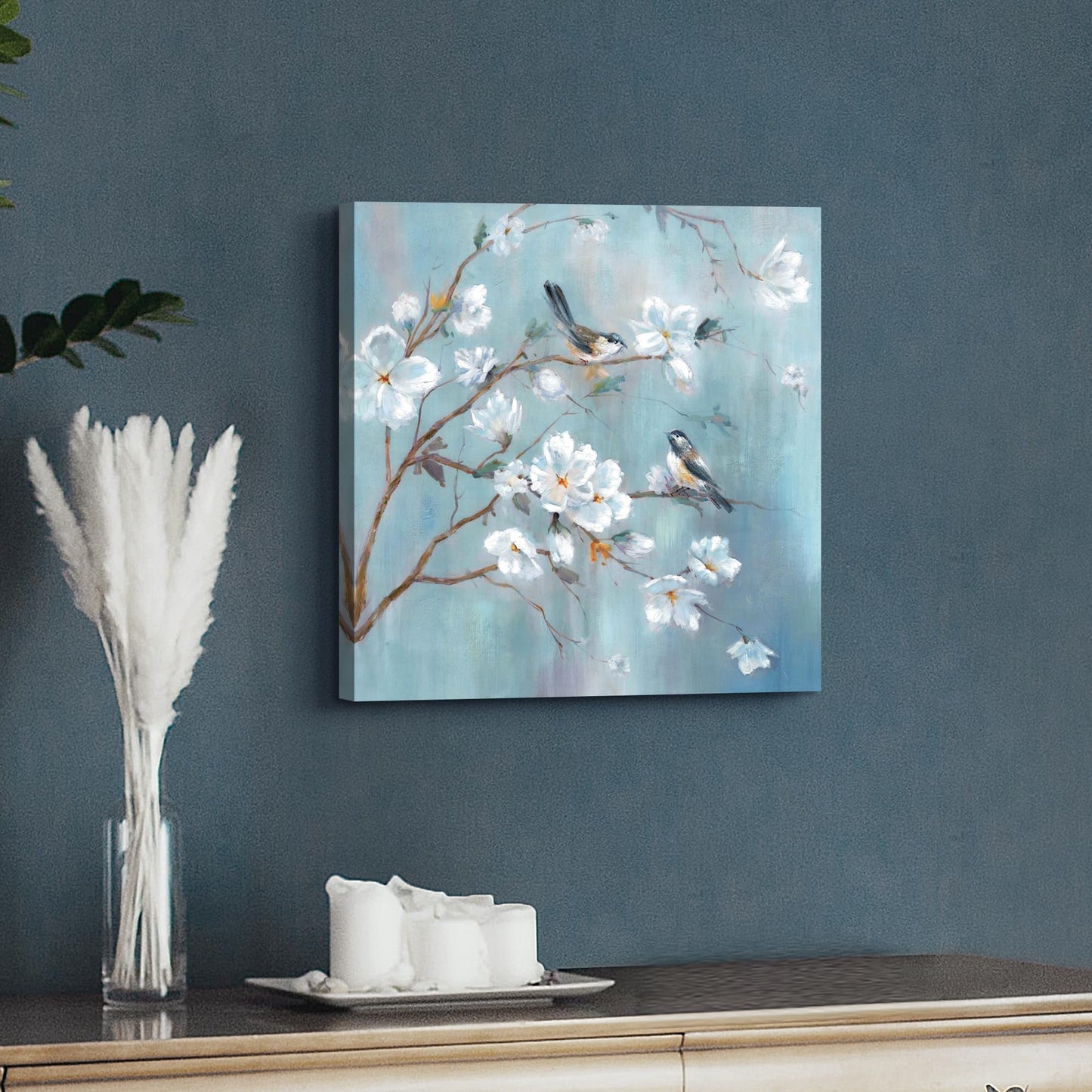 White Floral Canvas Artwork Wall: Elegant Flower Tree and Birds Wall Art Painting for Living Room (12'' x 12'' x 1 Panel)