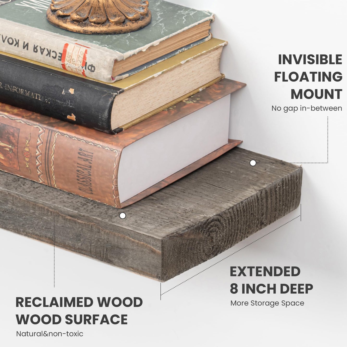 FLYJOE Floating Shelves Reclaimed Barnwood, 8" Deep Solid Wood Floating Shelf Wall Hanging Shelves with Invisible Heavy-Duty Metal Bracket | Wall Mounted | Farmhouse Style | 40 inches,2PCS,Grey