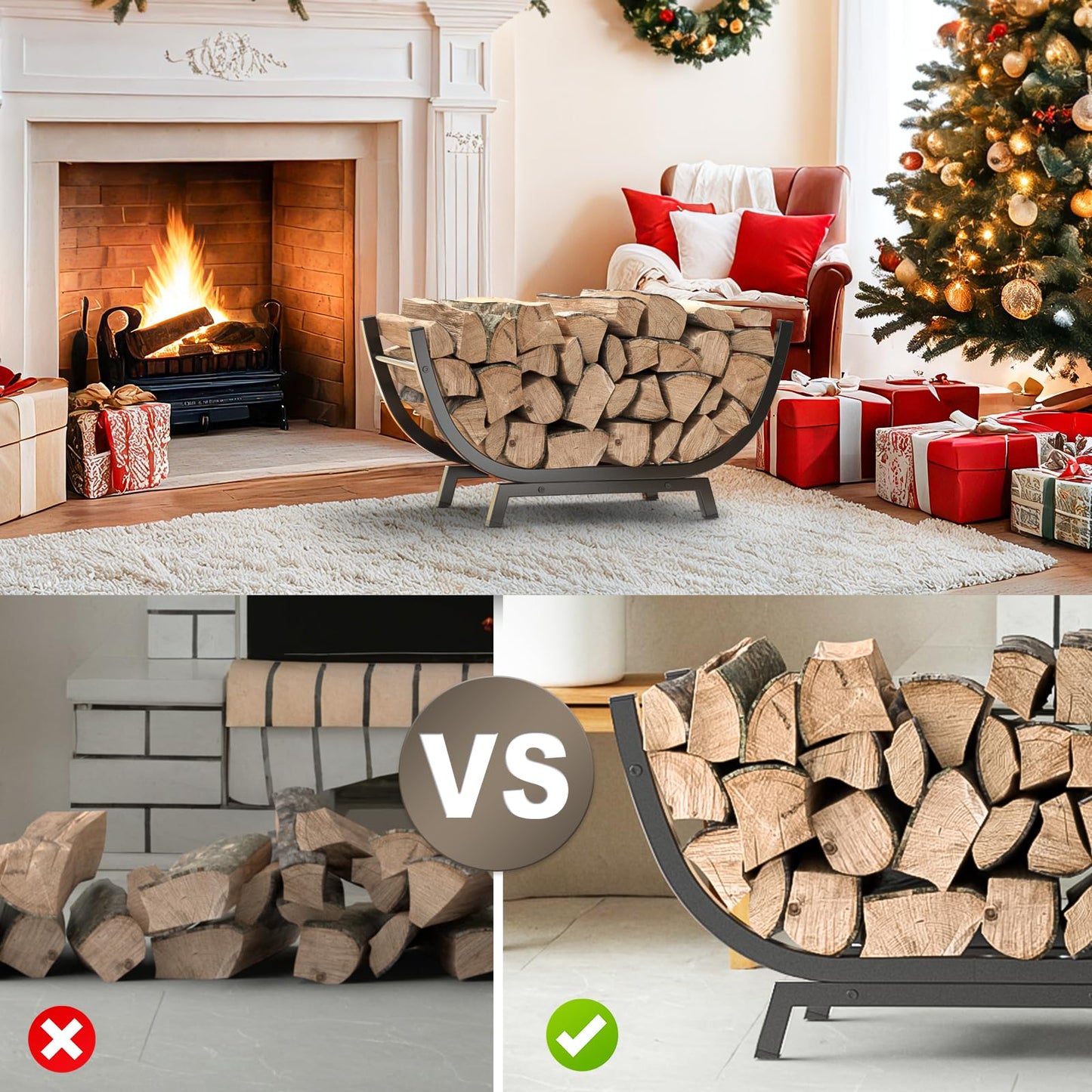 Venkuber Firewood Rack - 25 inch Outdoor Indoor Metal Firewood Holder With Thickened Trapezoid Base-Double Coated Waterproof Rustproof Fireplace Firewood Stand, Black
