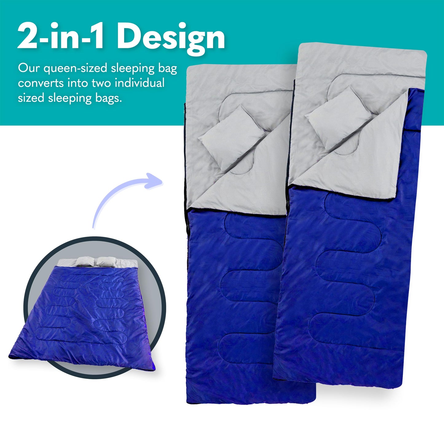 Double Sleeping Bags for Adults – Waterproof Queen-Size 2 Person Sleeping Bag with Pillows for Camping, Backpacking, Hiking, or Truck Use – Warm, Lightweight, and Convertible into Two Singles – Blue