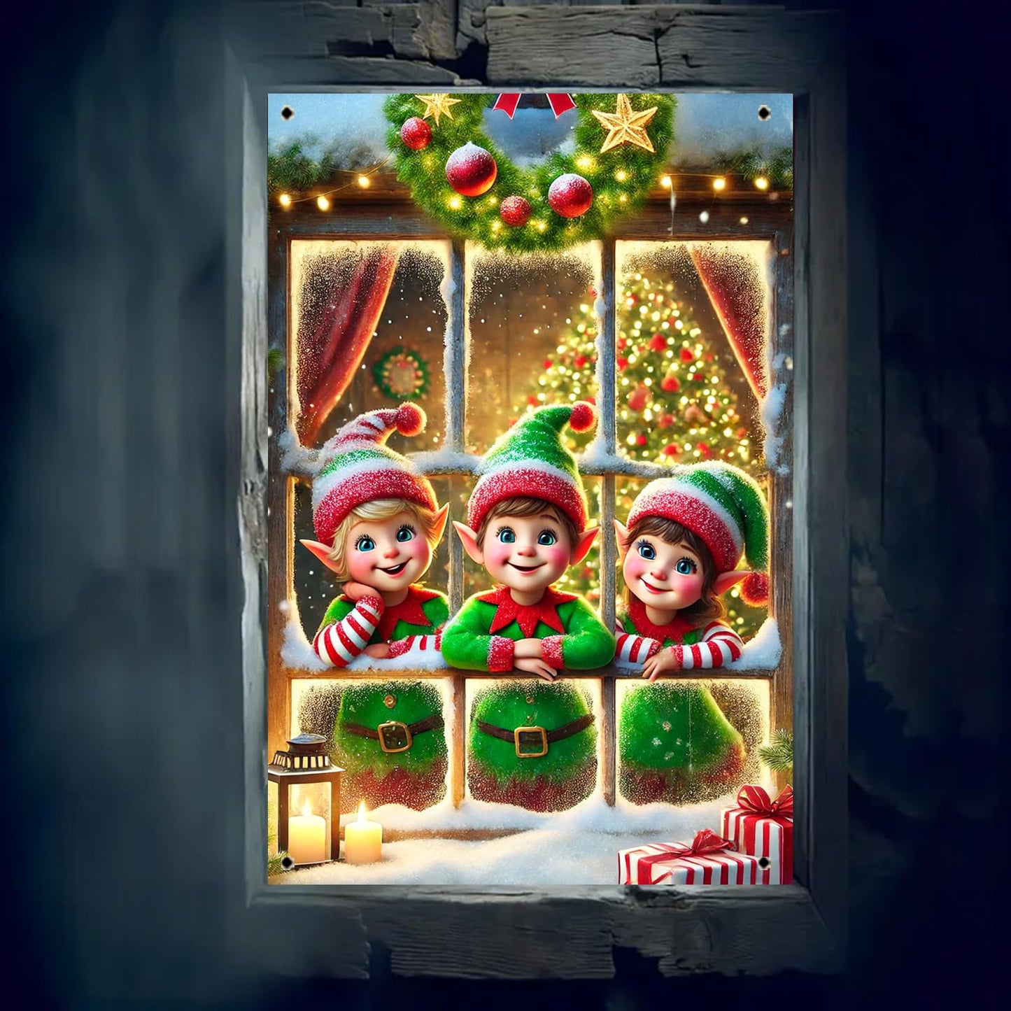 BlissYard Christmas Window Cover 31x47 Inch Elf Window Poster Decoration for Holiday Kids Room Indoor Xmas Wall Scene Winter Window Backdrop Display