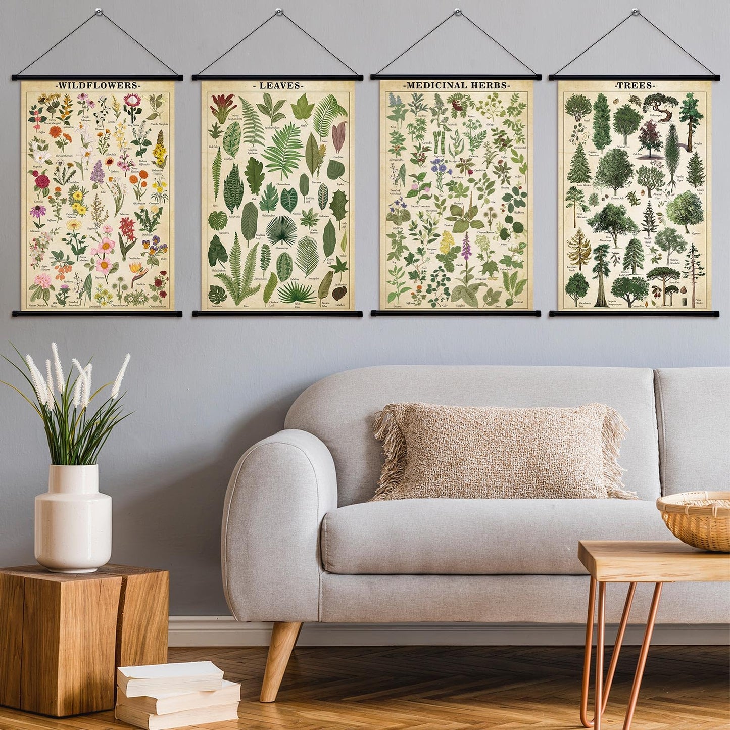 Lewtemi 4 Pcs Vintage Poster Nature Botanical Wall Art Wildflowers Leaves Medicinal Herbs Trees Wall Hanging Poster Prints Plants Chart Poster for Classroom, 15.35 x 23.62 Inch(Retro, Green Plants)